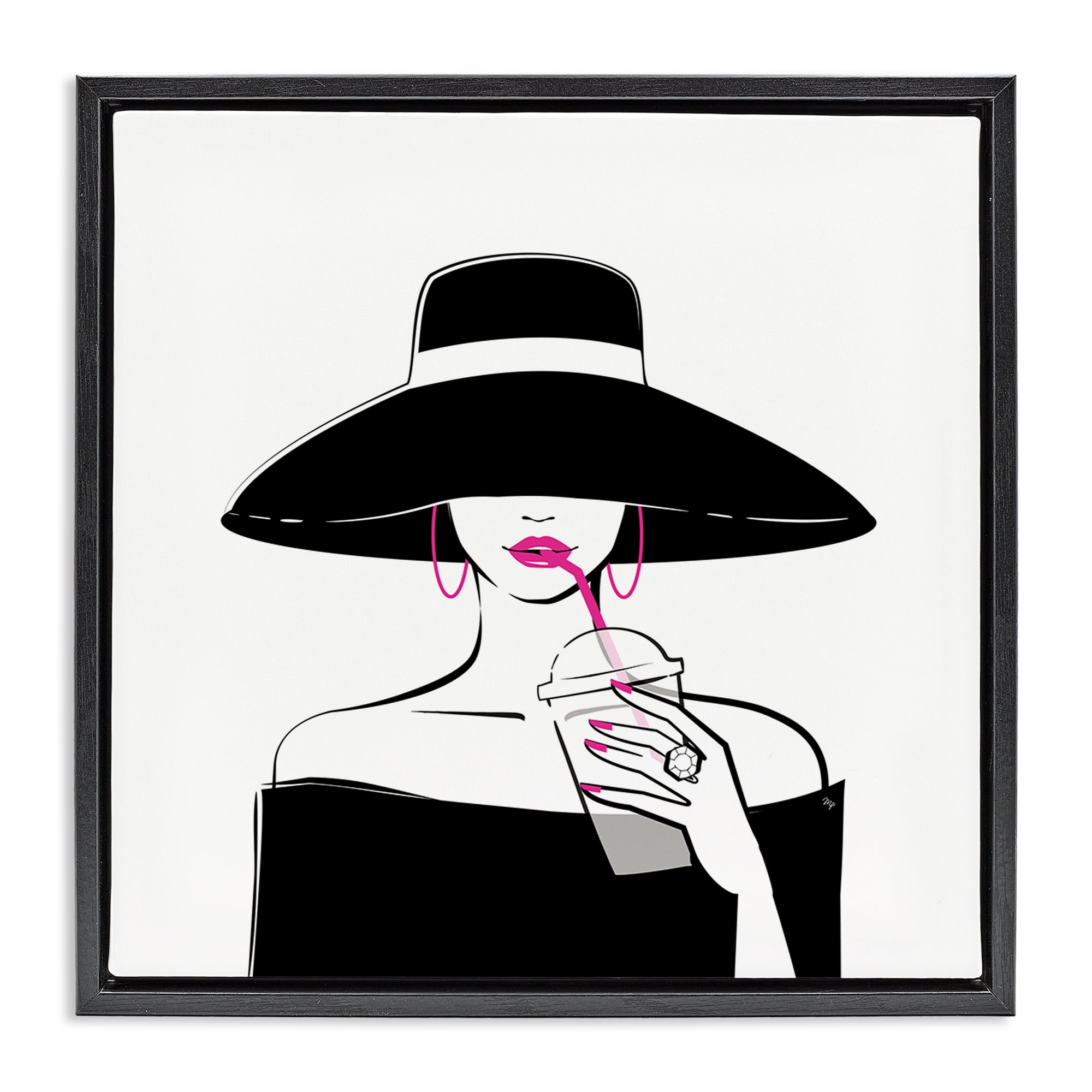 Stupell Industries Chic Black Hat Sipping Coffee Black Framed Floater Canvas Wall Art, design by Martina Pavlova