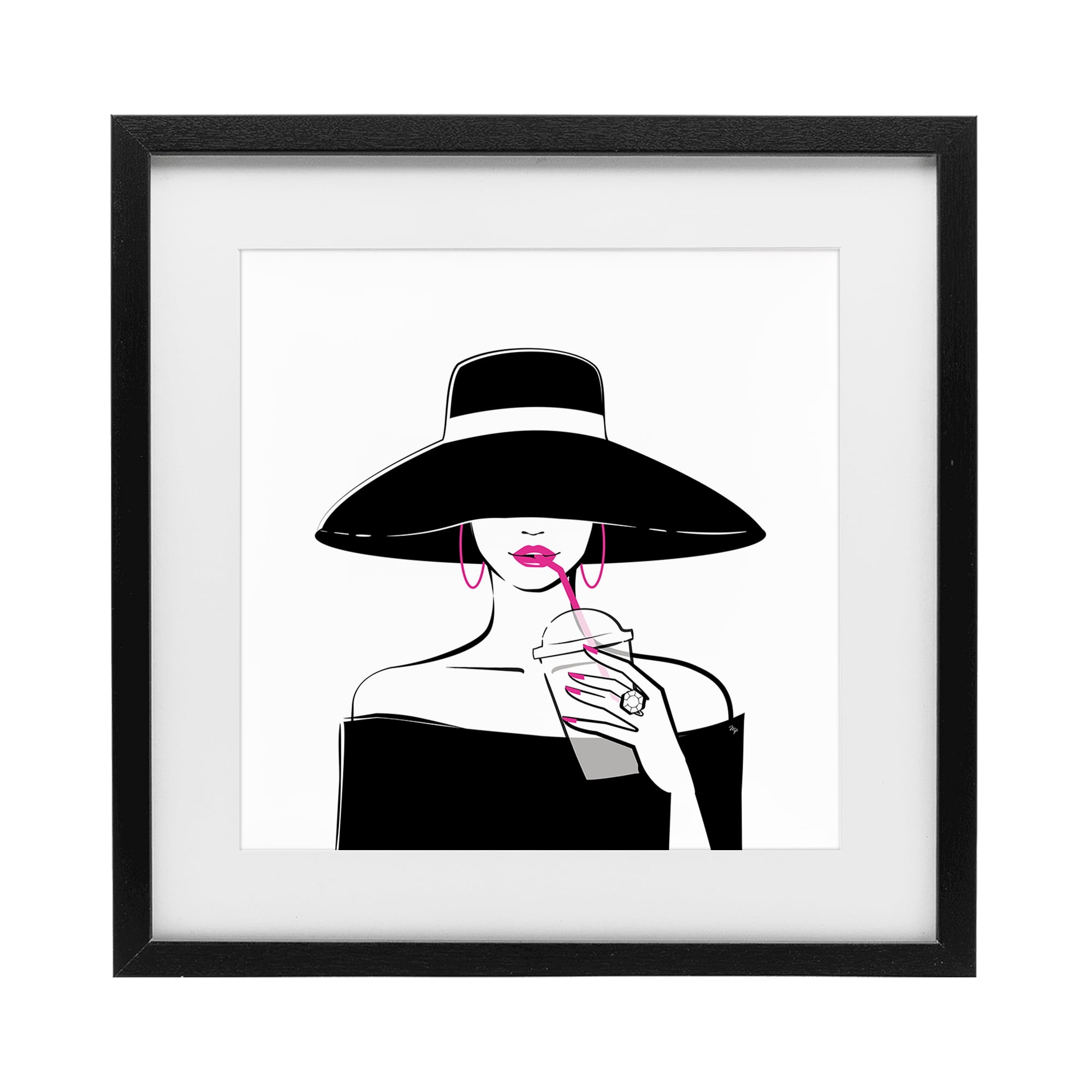 Stupell Industries Chic Black Hat Sipping Coffee Black Framed Print Under Glass, design by Martina Pavlova