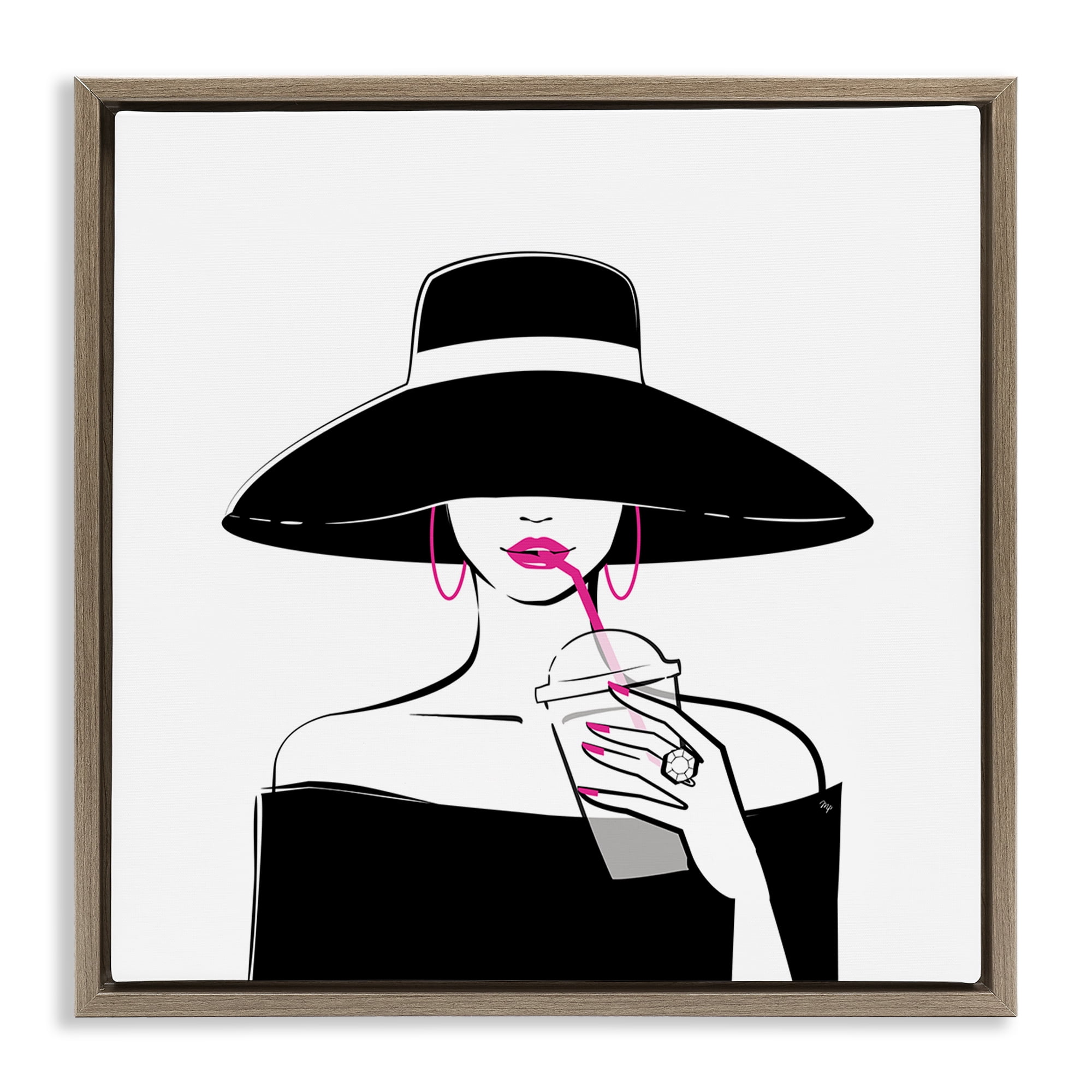 Stupell Industries Chic Black Hat Sipping Coffee Brown Framed Floater Canvas Wall Art, design by Martina Pavlova