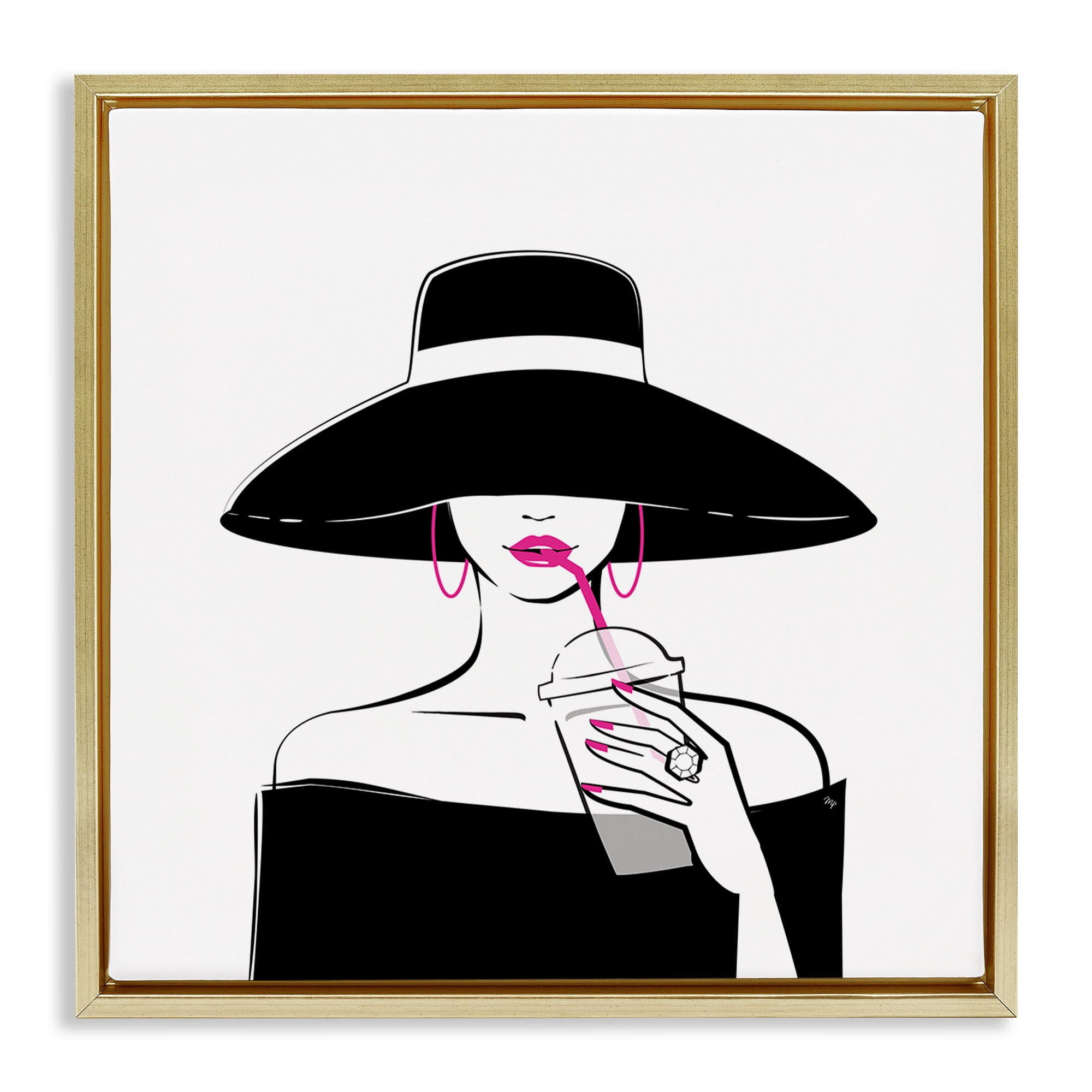 Stupell Industries Chic Black Hat Sipping Coffee Gold Framed Floater Canvas Wall Art, design by Martina Pavlova