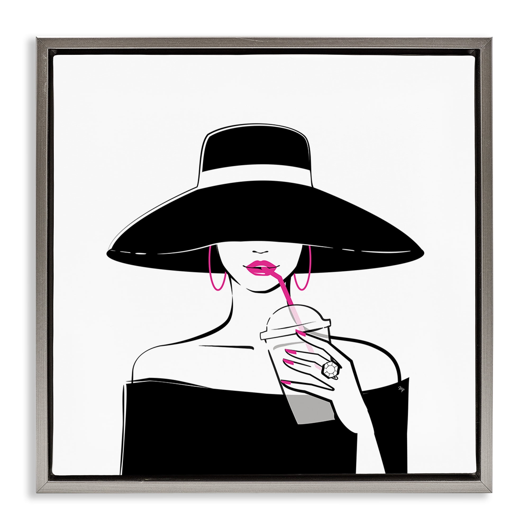 Stupell Industries Chic Black Hat Sipping Coffee Gray Framed Floater Canvas Wall Art, design by Martina Pavlova