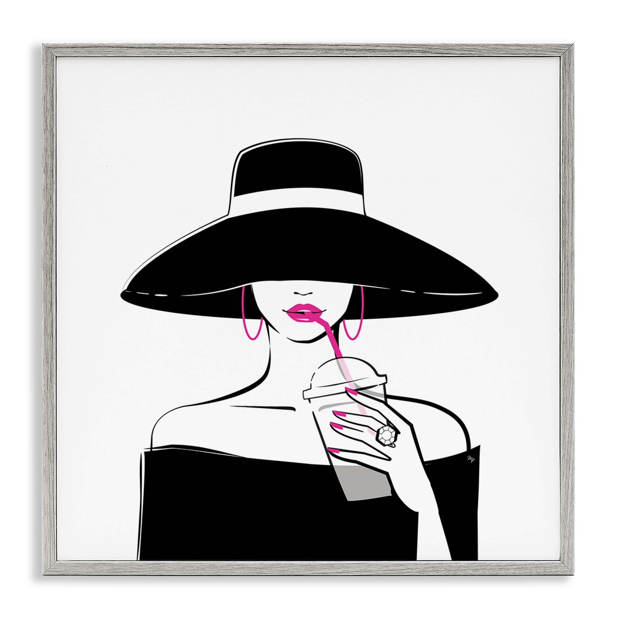Stupell Industries Chic Black Hat Sipping Coffee Gray Framed Giclee Art, design by Martina Pavlova
