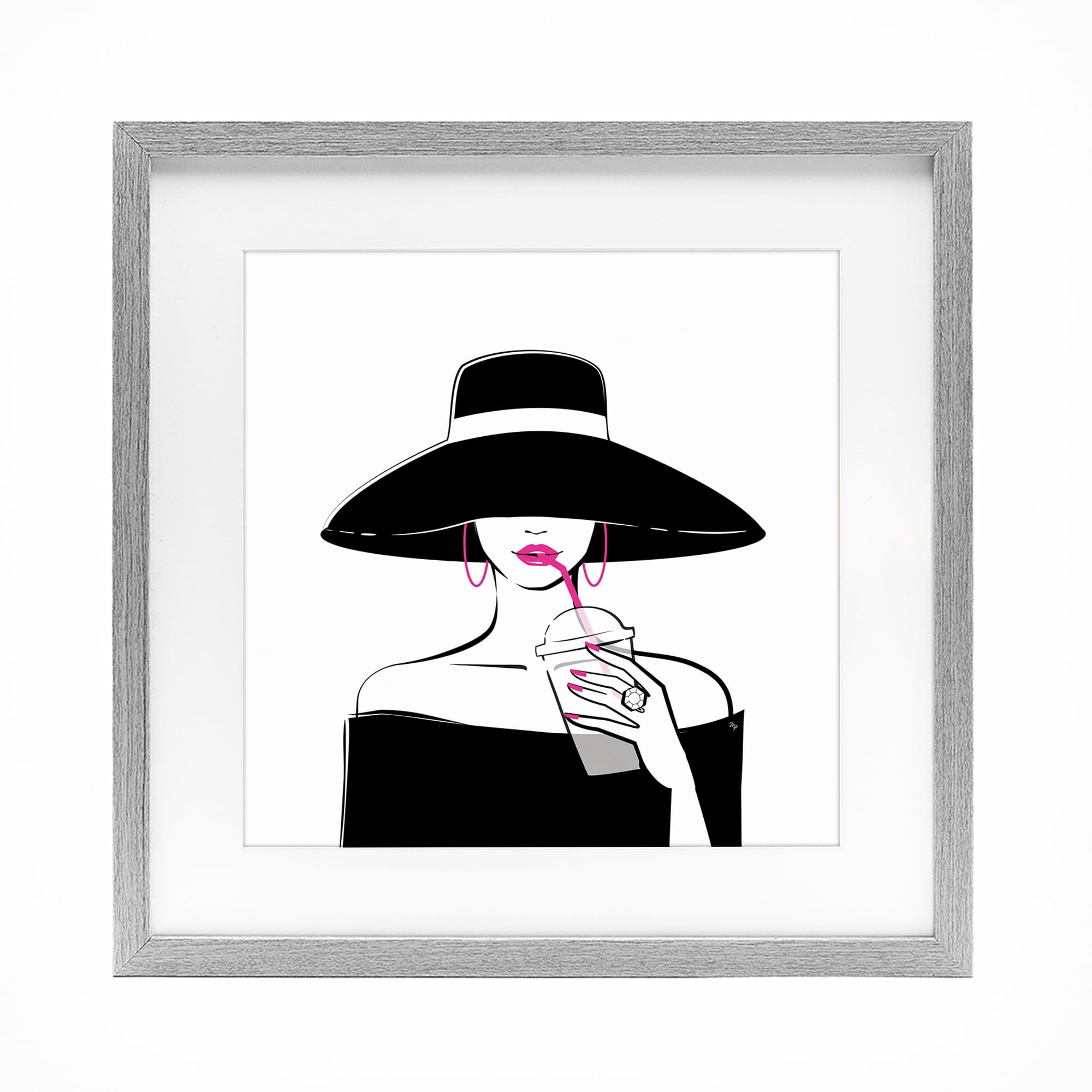 Stupell Industries Chic Black Hat Sipping Coffee Gray Framed Print Under Glass, design by Martina Pavlova