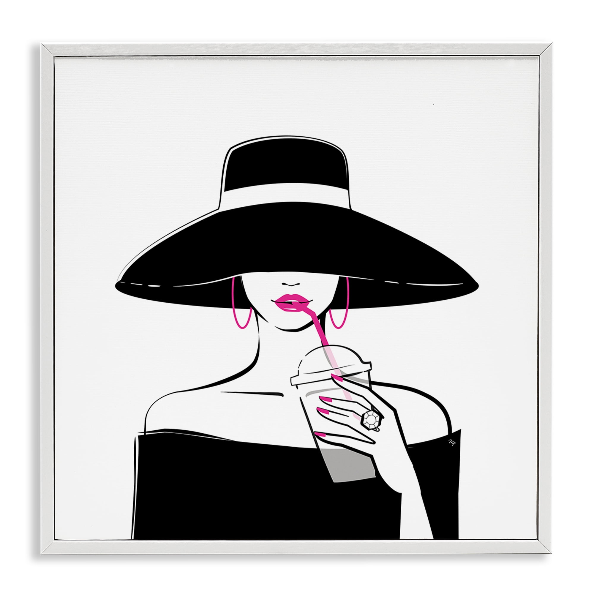 Stupell Industries Chic Black Hat Sipping Coffee White Framed Giclee Art, design by Martina Pavlova