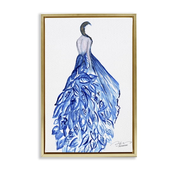 Stupell Industries Chic Blue Fluttering Dress Fashion Painting Gold Floater Framed Canvas Art Print Wall Art, 21 x 31