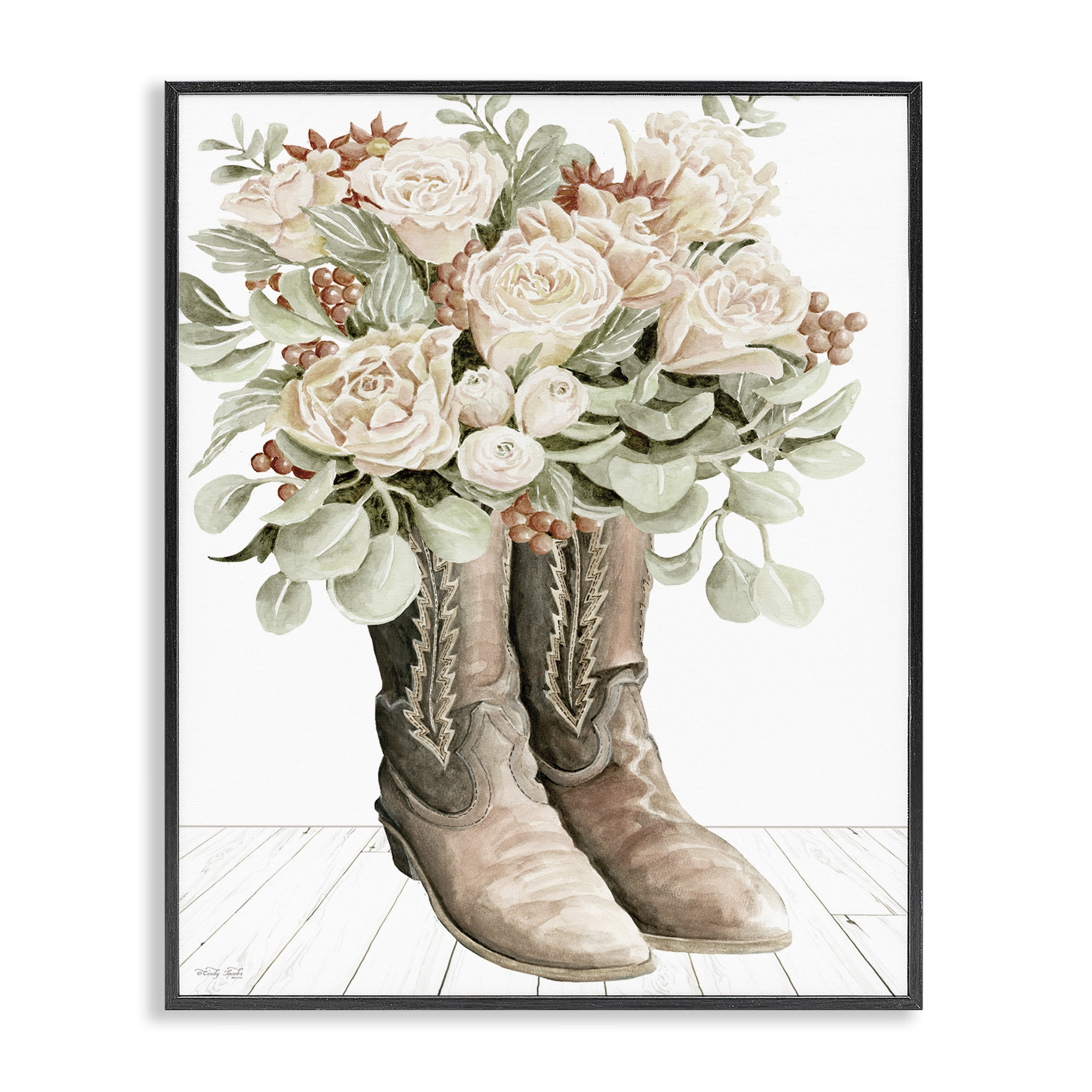 Stupell Industries Chic Bouquet Boots Plants & Flowers Painting Black Framed Art Print Wall Art, 16 x 20