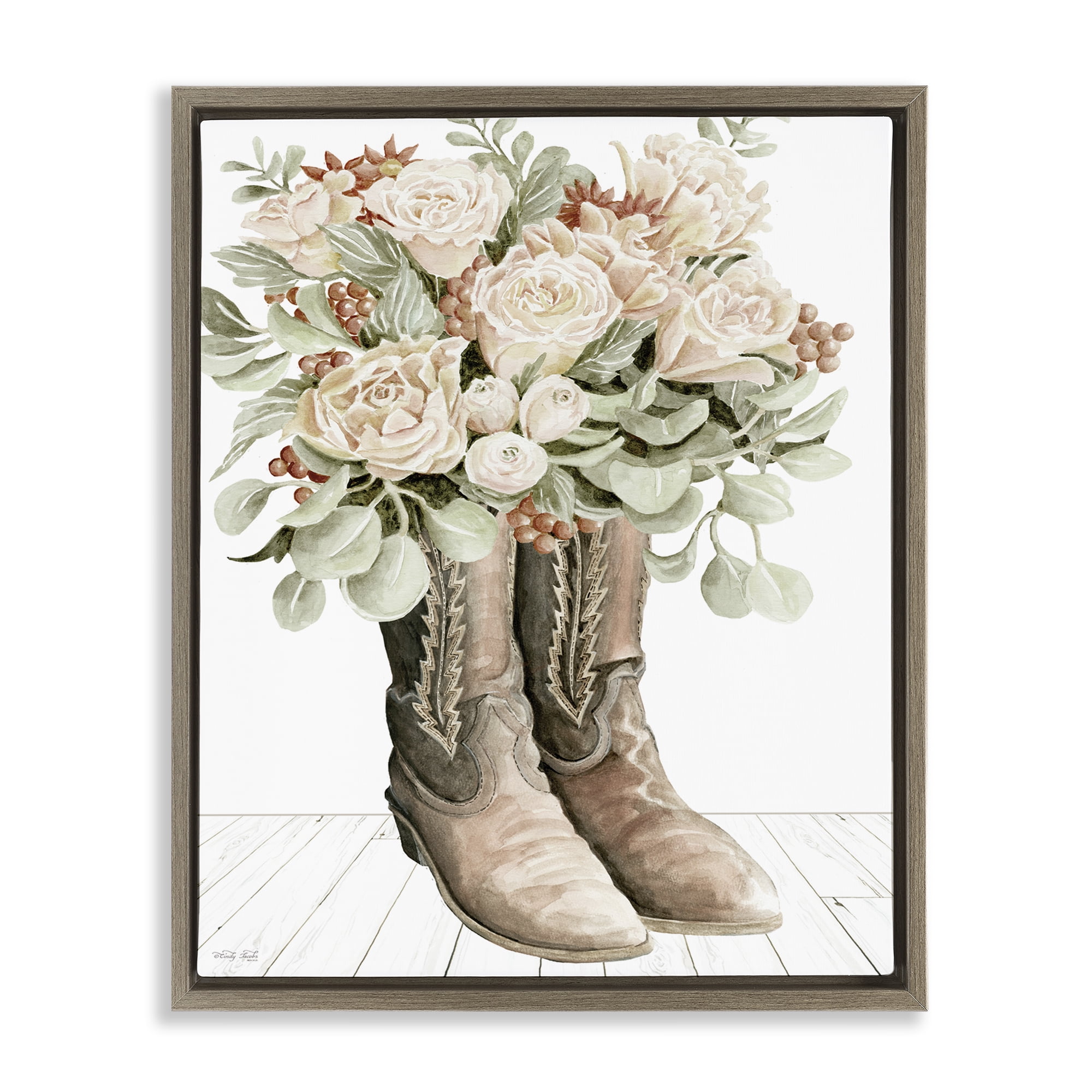 Stupell Industries Chic Bouquet Boots Plants & Flowers Painting Brown Floater Framed Canvas Art Print Wall Art, 25 x 31