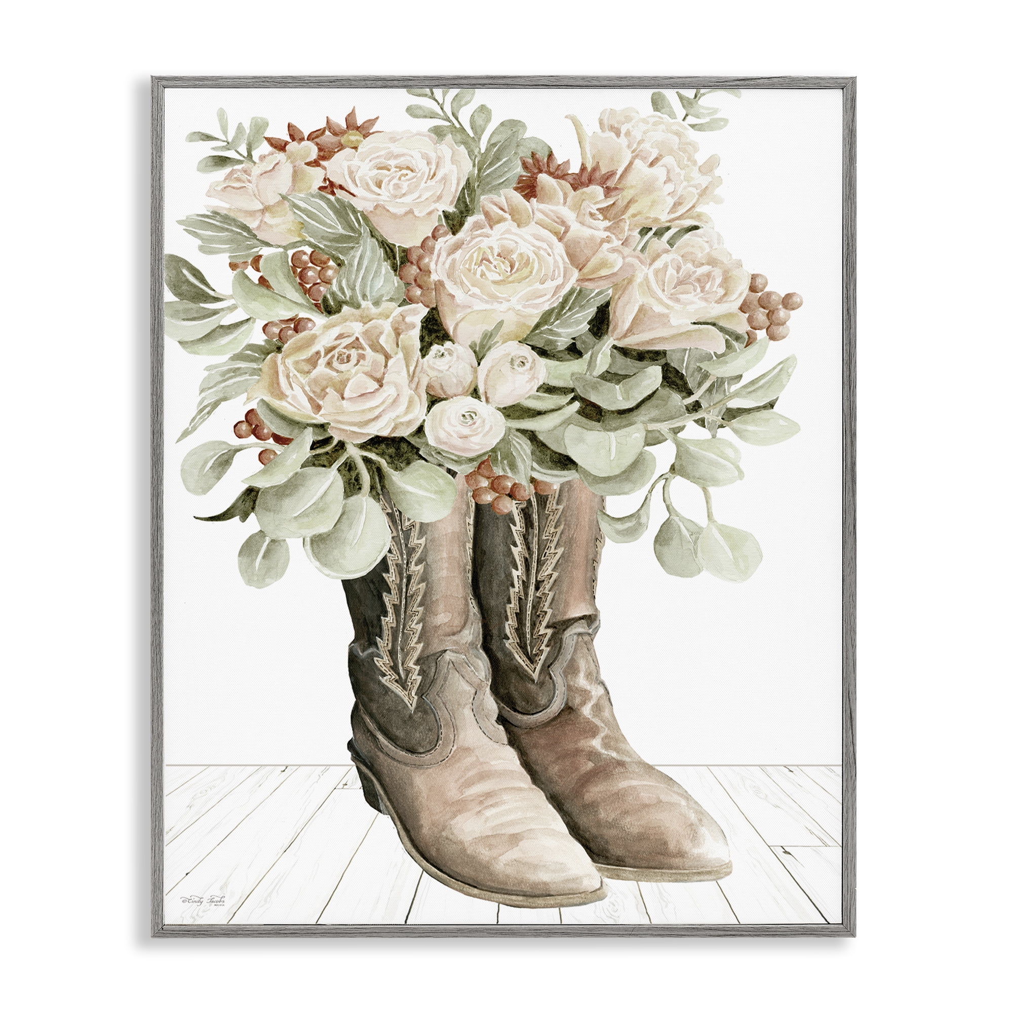 Stupell Industries Chic Bouquet Boots Plants & Flowers Painting Gray Framed Art Print Wall Art, 16 x 20