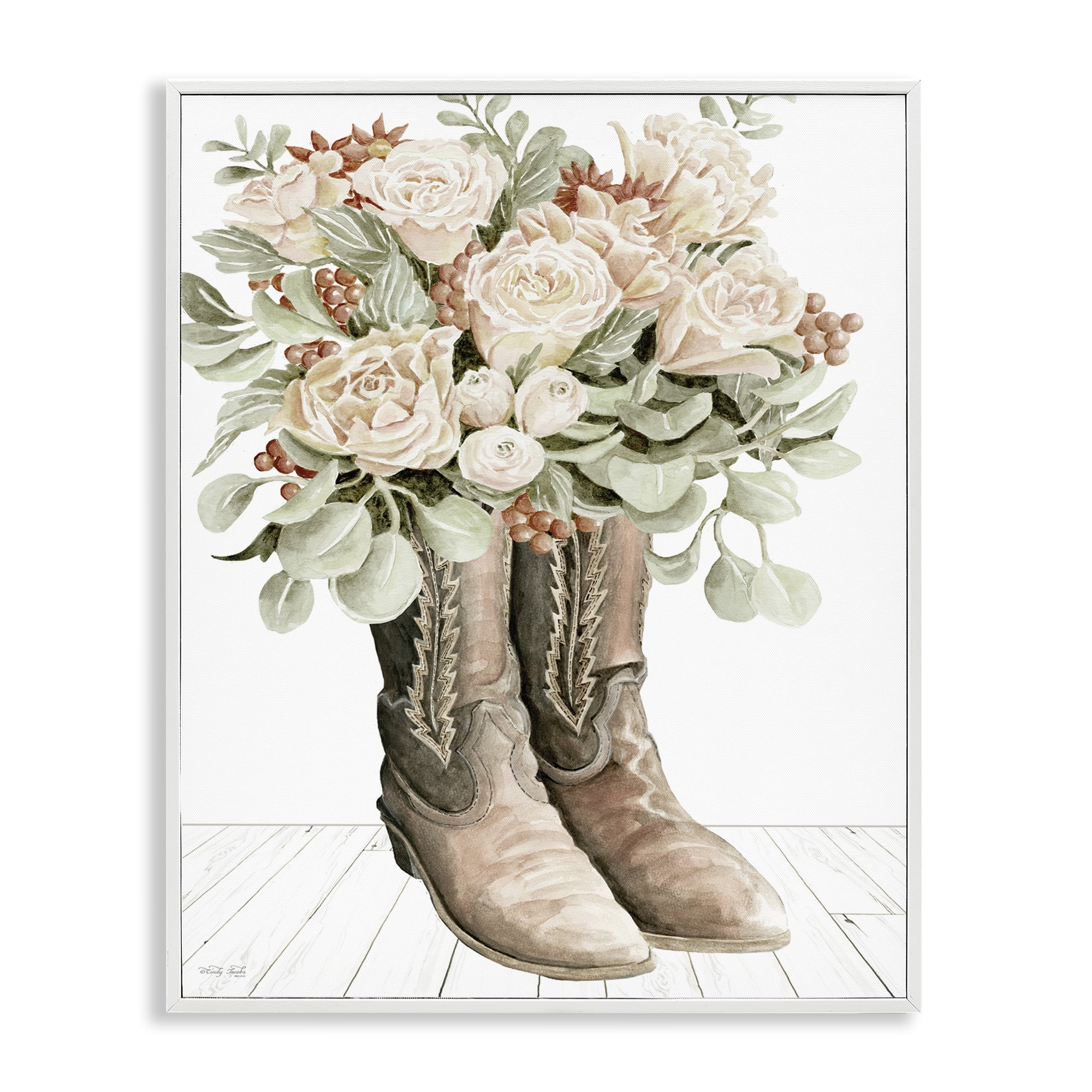 Stupell Industries Chic Bouquet Boots Plants & Flowers Painting White Framed Art Print Wall Art, 11 x 14