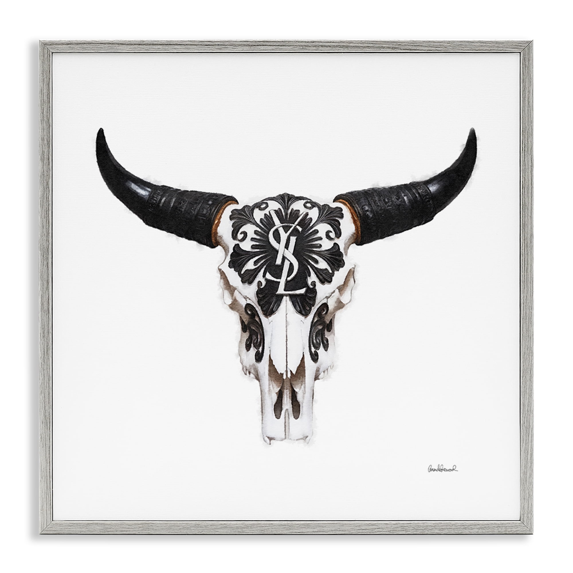 Stupell Industries Chic Brand Cattle Skull Fashion Painting Gray Framed Art Print Wall Art, 17 x 17