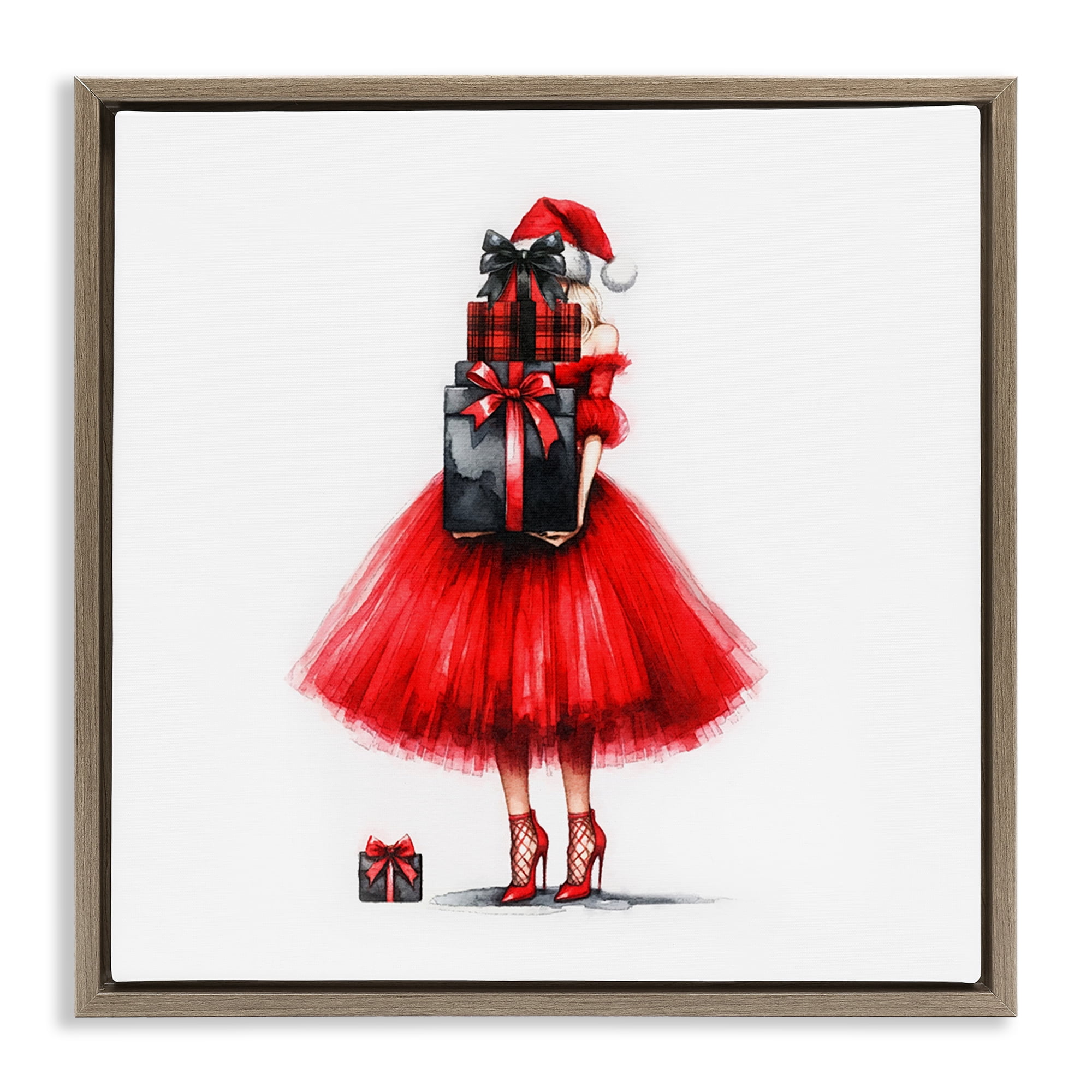 Stupell Industries Chic Christmas Gal Holiday Painting Brown Floater Framed Canvas Art Prints Wall Art, 18 x 18
