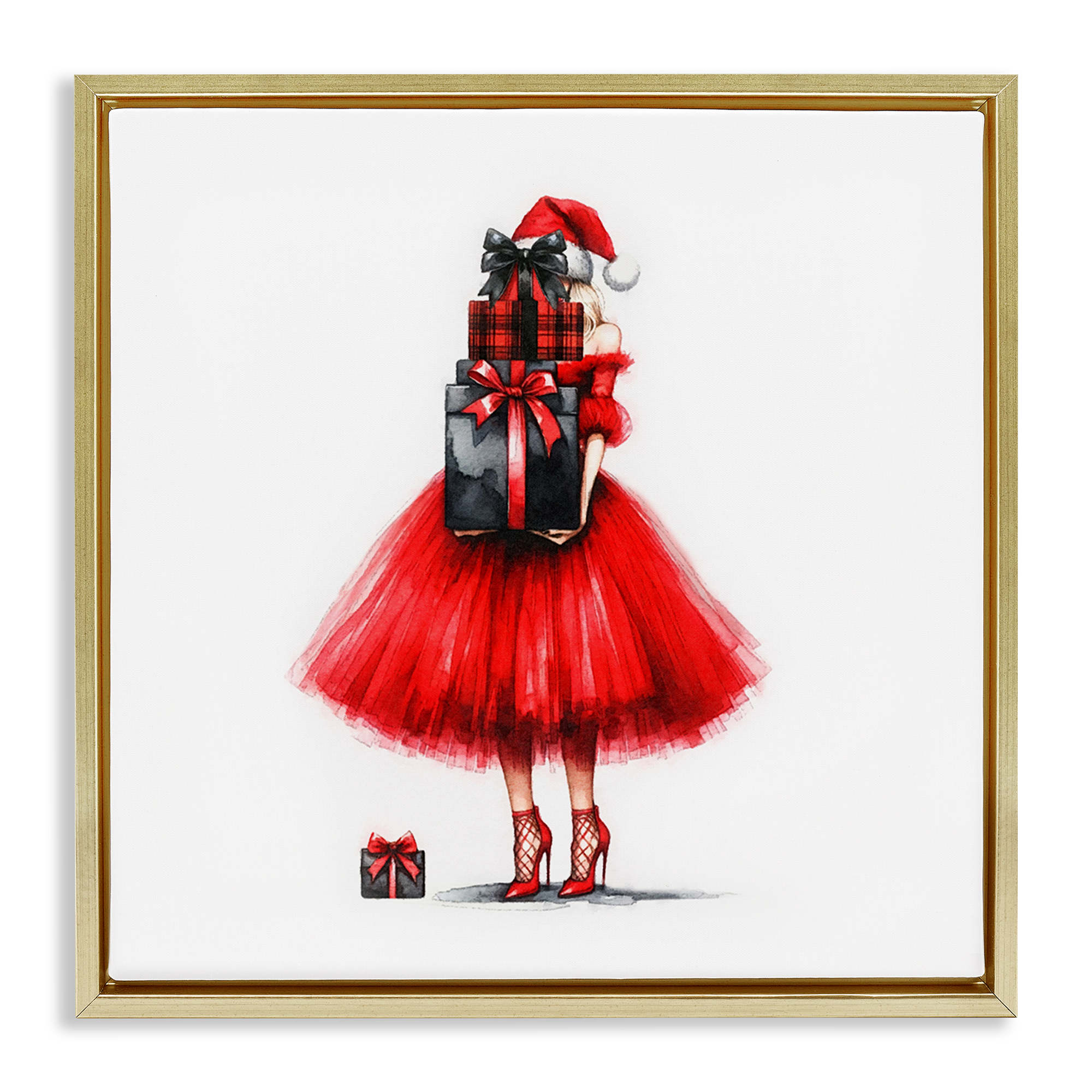 Stupell Industries Chic Christmas Gal Holiday Painting Gold Floater Framed Canvas Art Prints Wall Art, 18 x 18