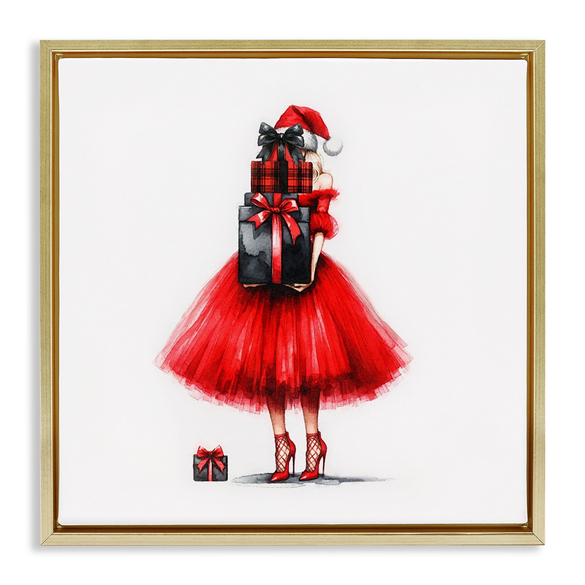 Stupell Industries Chic Christmas Gal Holiday Painting Gold Floater Framed Canvas Art Prints Wall Art, 25 x 25