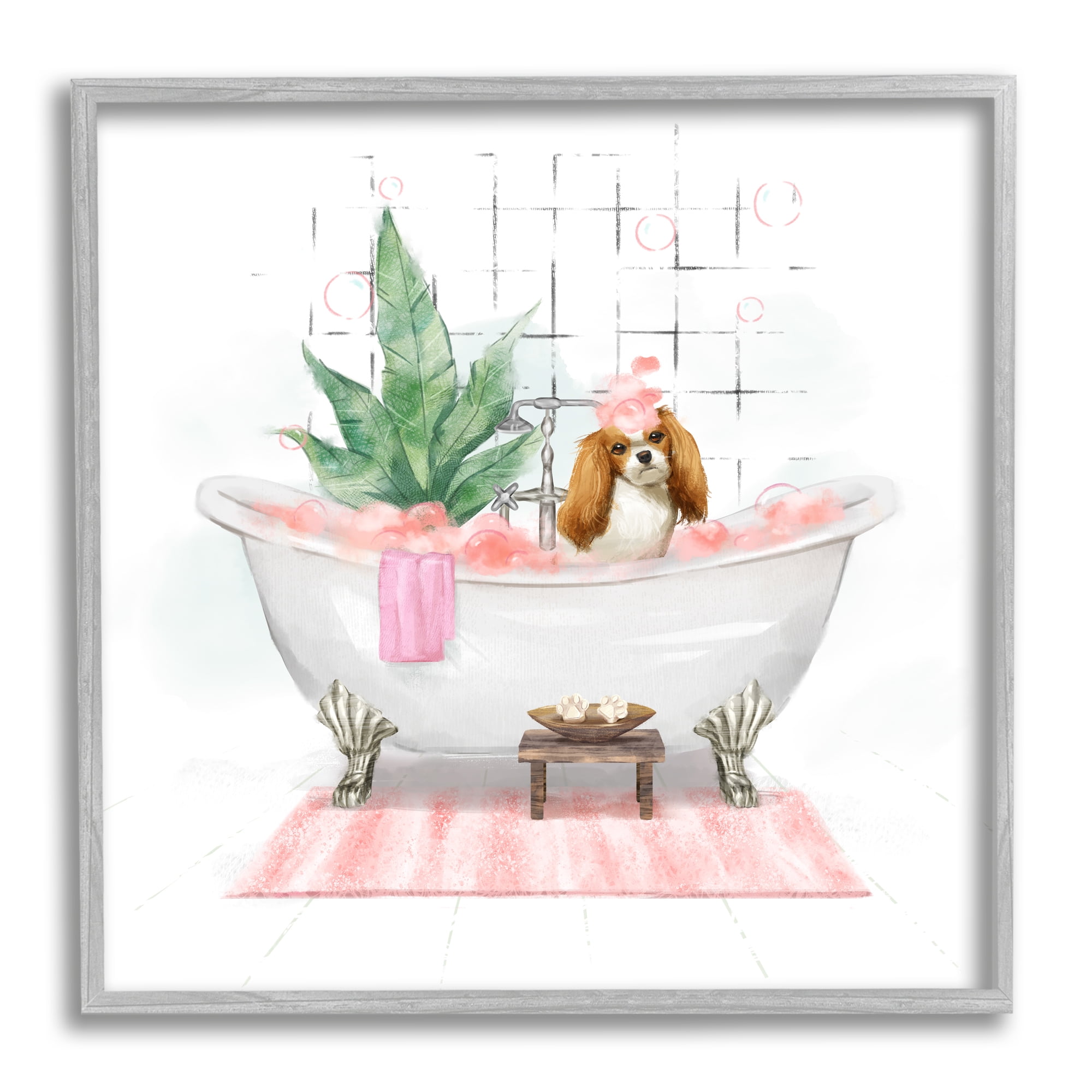 Stupell Industries Chic Cocker Spaniel Puppy in Pink Bubble Bath Animals & Insects Painting Gray Framed Art Print Wall Art, 24 x 24