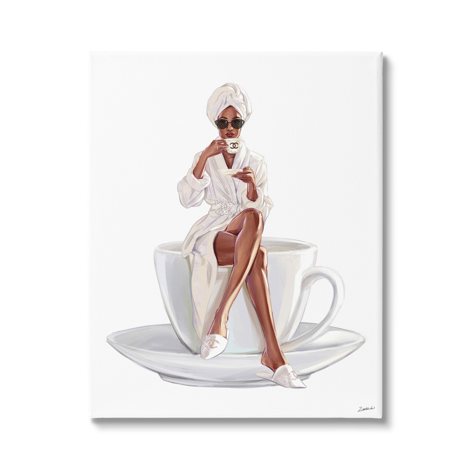 Stupell Industries Chic Coffee Teacup Woman Sipping Robe Sunglasses Canvas Wall Art, 30 x 40, Design by Ziwei Li