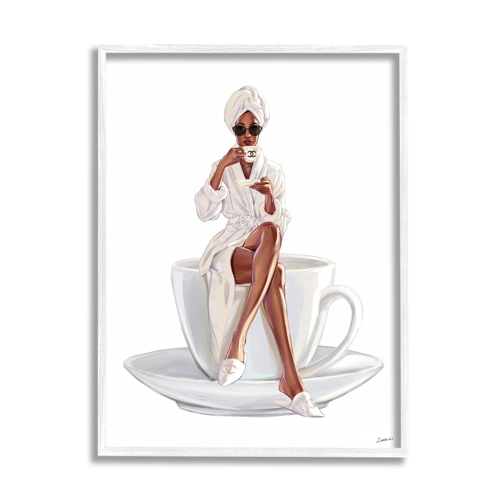Stupell Industries Chic Coffee Teacup Woman Sipping Robe Sunglasses Framed Wall Art, 11 x 14, Design by Ziwei Li