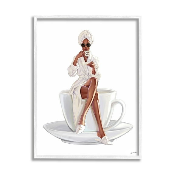 Stupell Industries Chic Coffee Teacup Woman Sipping Robe Sunglasses Framed Wall Art, 11 x 14, Design by Ziwei Li