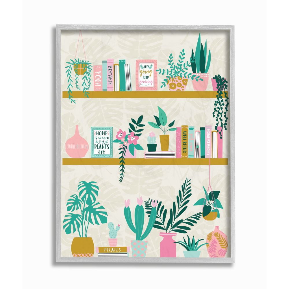 Stupell Industries Chic Cottage Bookshelf with Tropical Plant Greenery Designed by Angela Nickeas