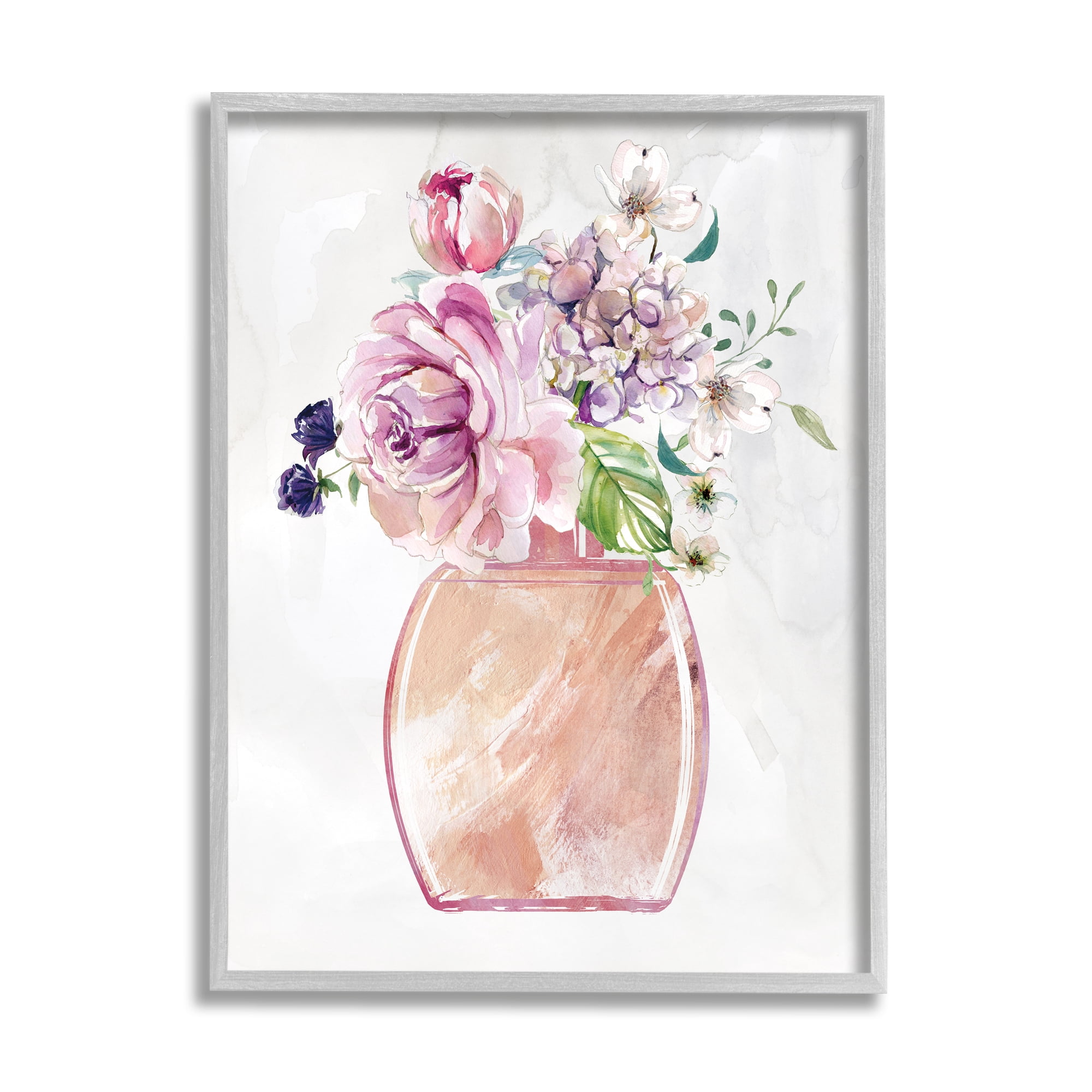 Stupell Industries Chic Cottage Florals in Pink Glam Fragrance Bottle Botanical & Floral Painting Gray Framed Art Print Wall Art, 11 x 14