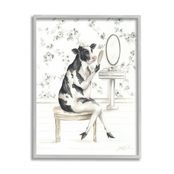 Stupell Industries Chic Cow in Bathroom Animals & Insects Painting Gray Framed Art Print Wall Art, 24 x 30