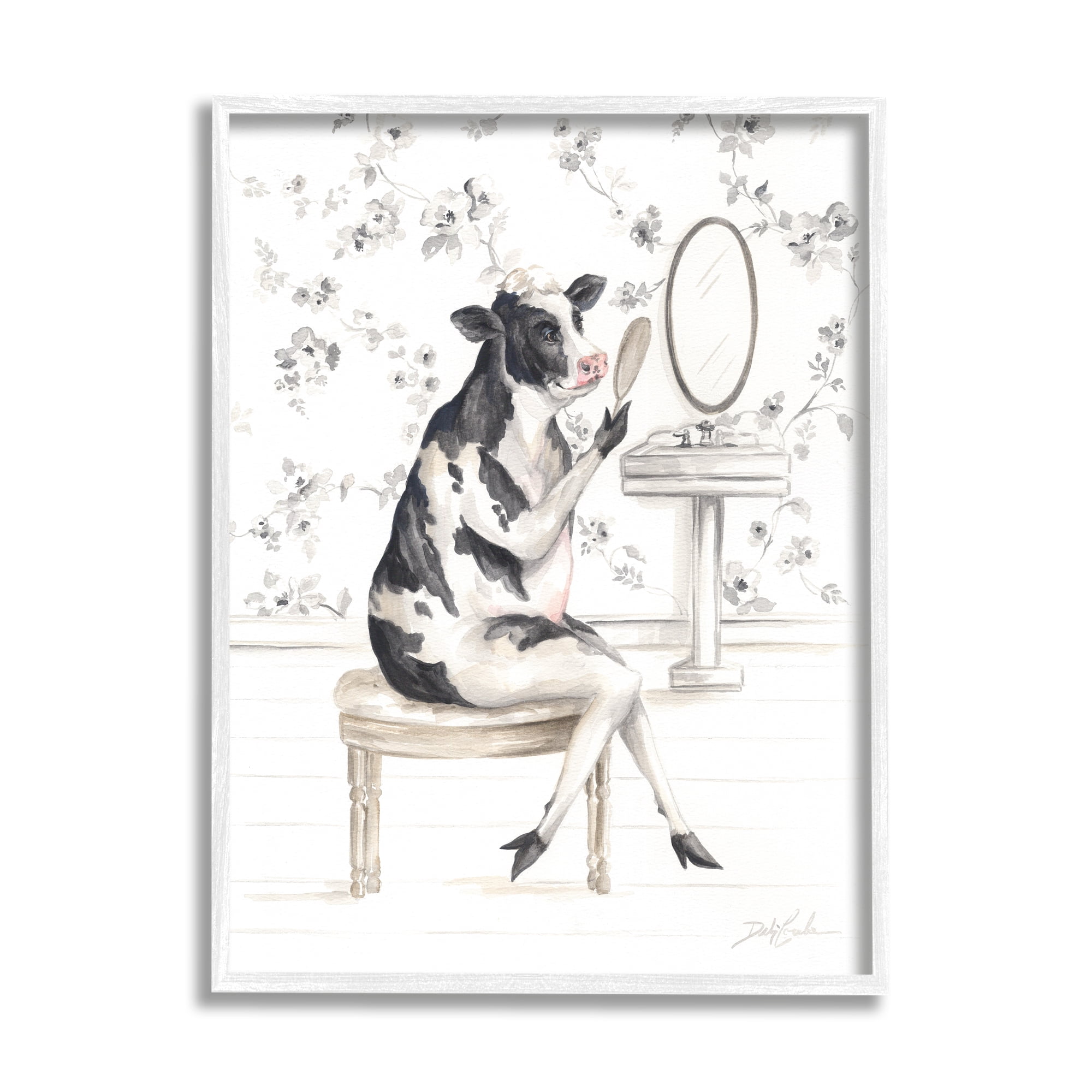White Framed Chic Cow in Bathroom Animal Print Artwork