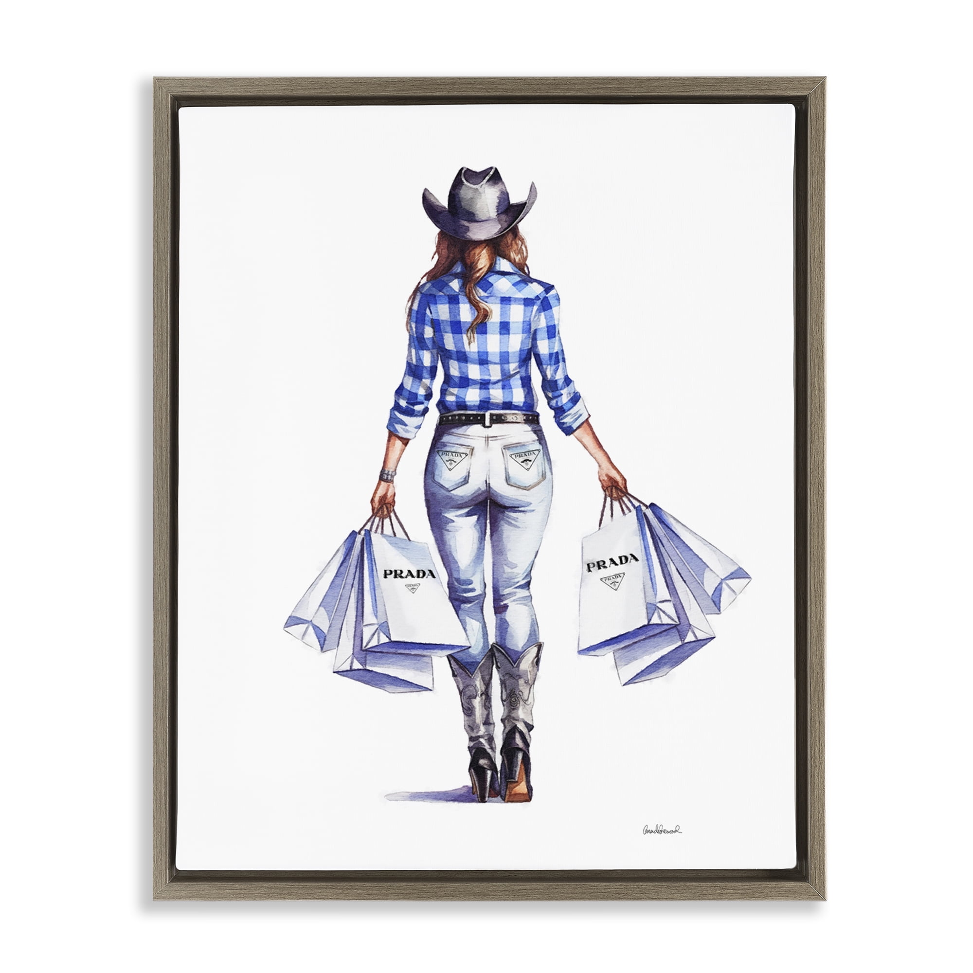 Stupell Industries Chic Cowgirl & Shopping Bags People Painting Brown Floater Framed Canvas Art Print Wall Art, 25 x 31