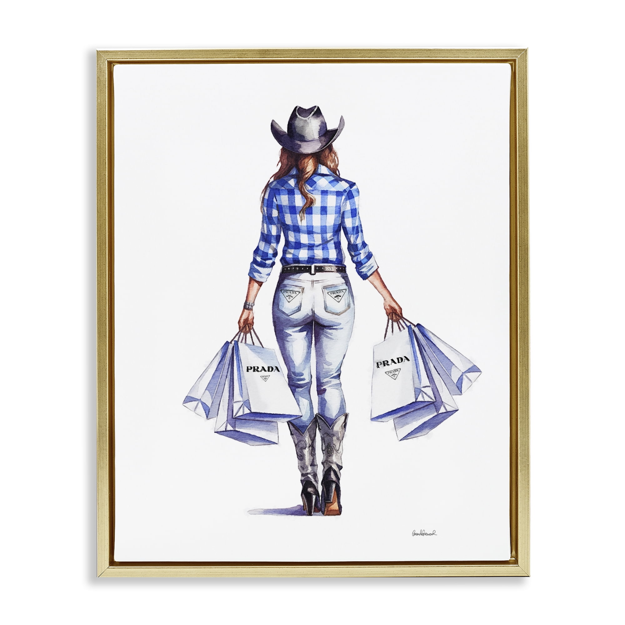 Stupell Industries Chic Cowgirl & Shopping Bags People Painting Gold Floater Framed Canvas Art Print Wall Art, 17 x 21