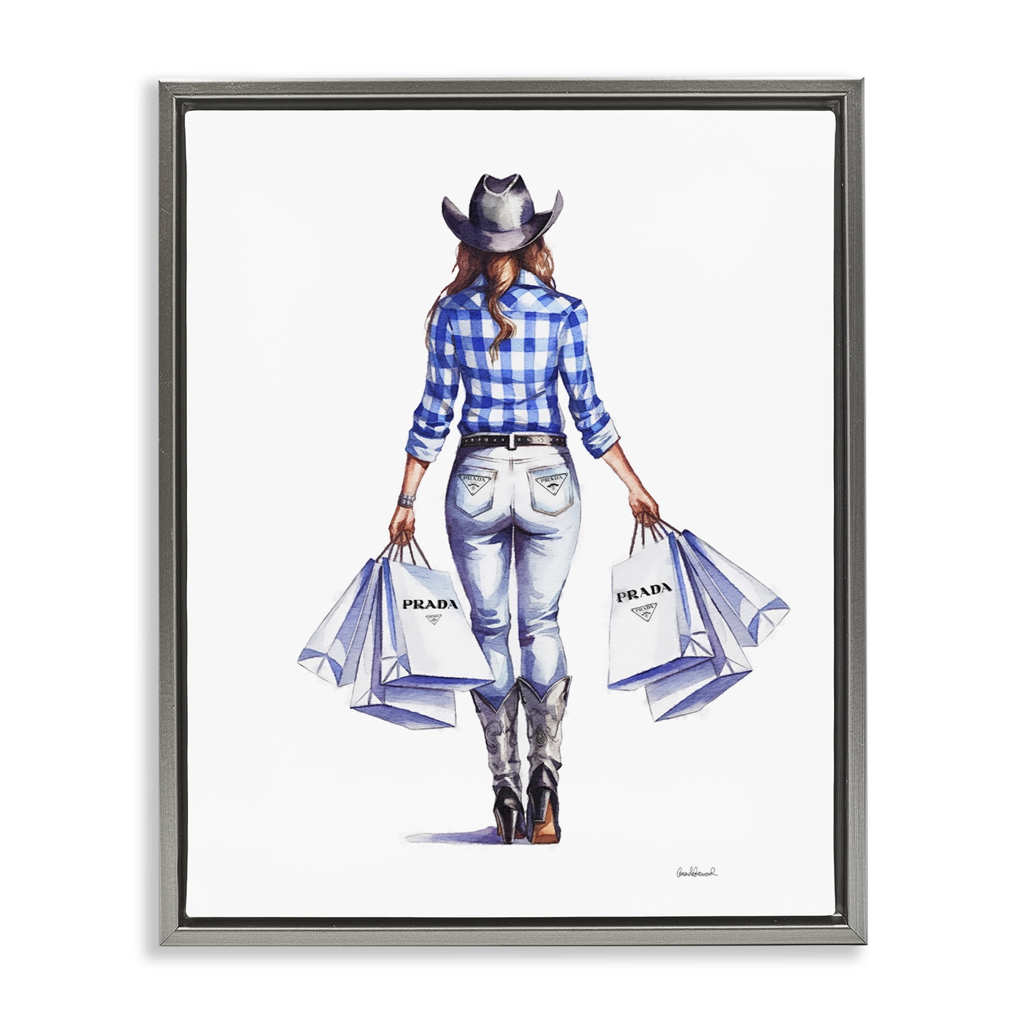 Stupell Industries Chic Cowgirl & Shopping Bags People Painting Gray Floater Framed Canvas Art Print Wall Art, 17 x 21