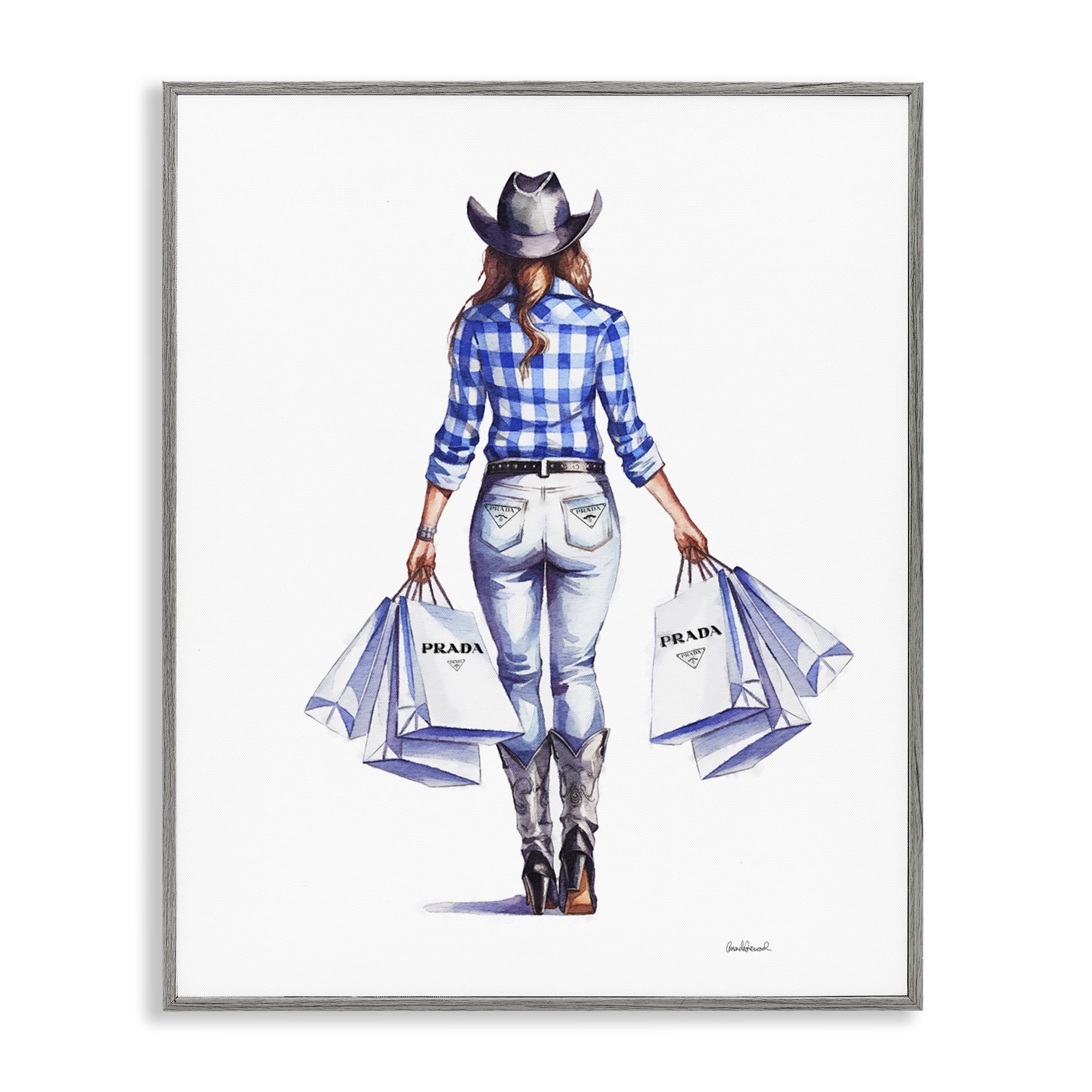 Stupell Industries Chic Cowgirl & Shopping Bags People Painting Gray Framed Art Print Wall Art, 11 x 14