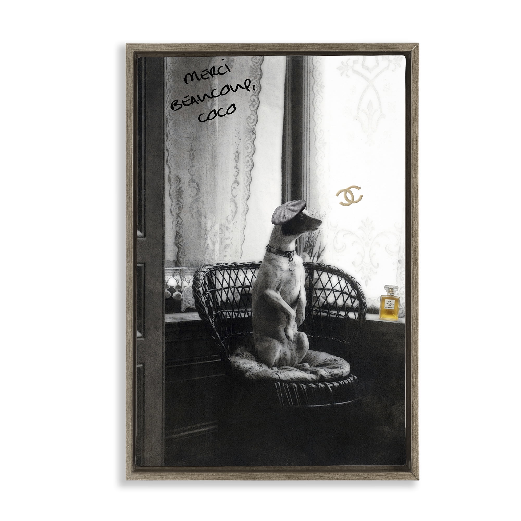 Stupell Industries Chic Dog with French Words Animals Painting Brown Floater Framed Canvas Art Print Wall Art, 21 x 31