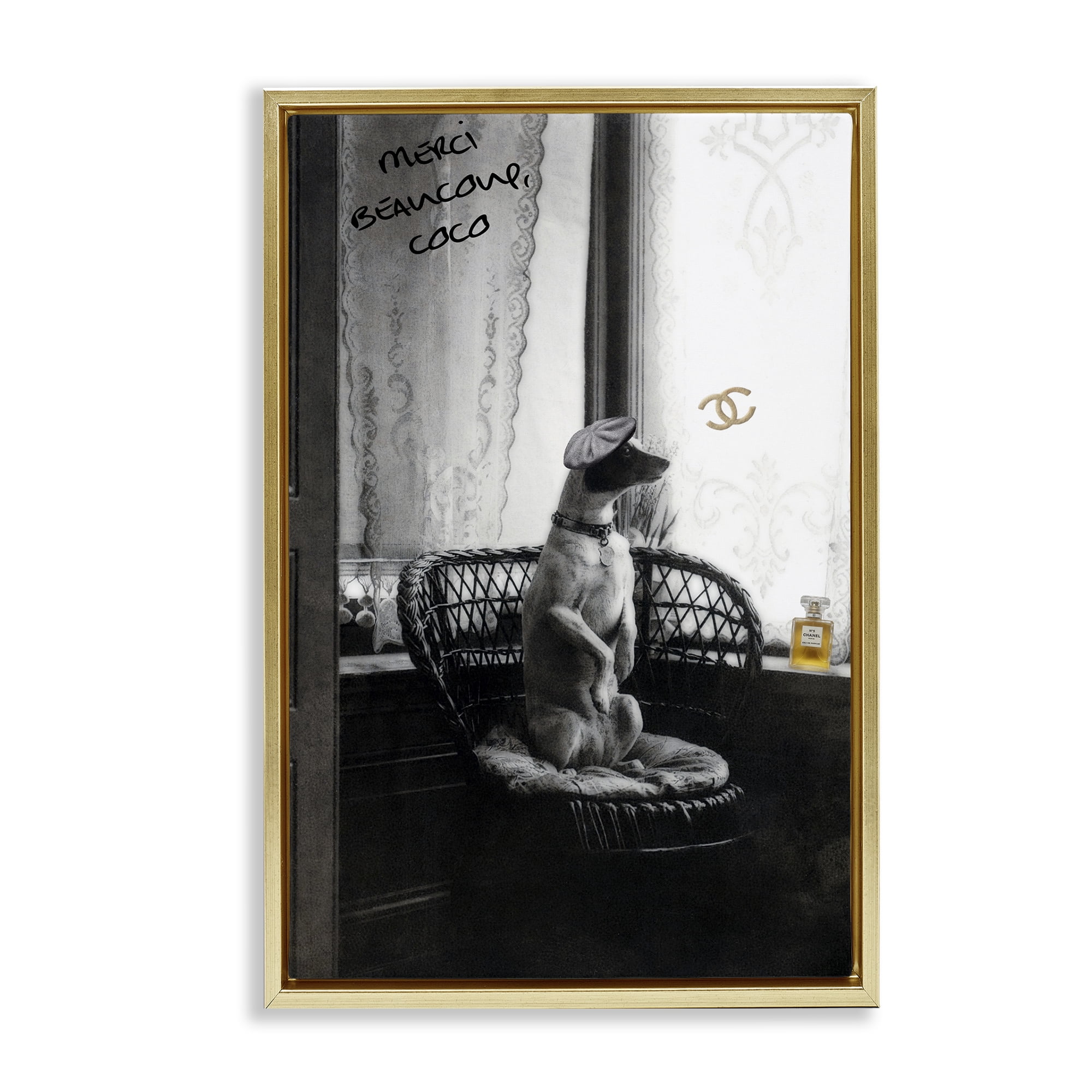 Stupell Industries Chic Dog with French Words Animals Painting Gold Floater Framed Canvas Art Print Wall Art, 17 x 25