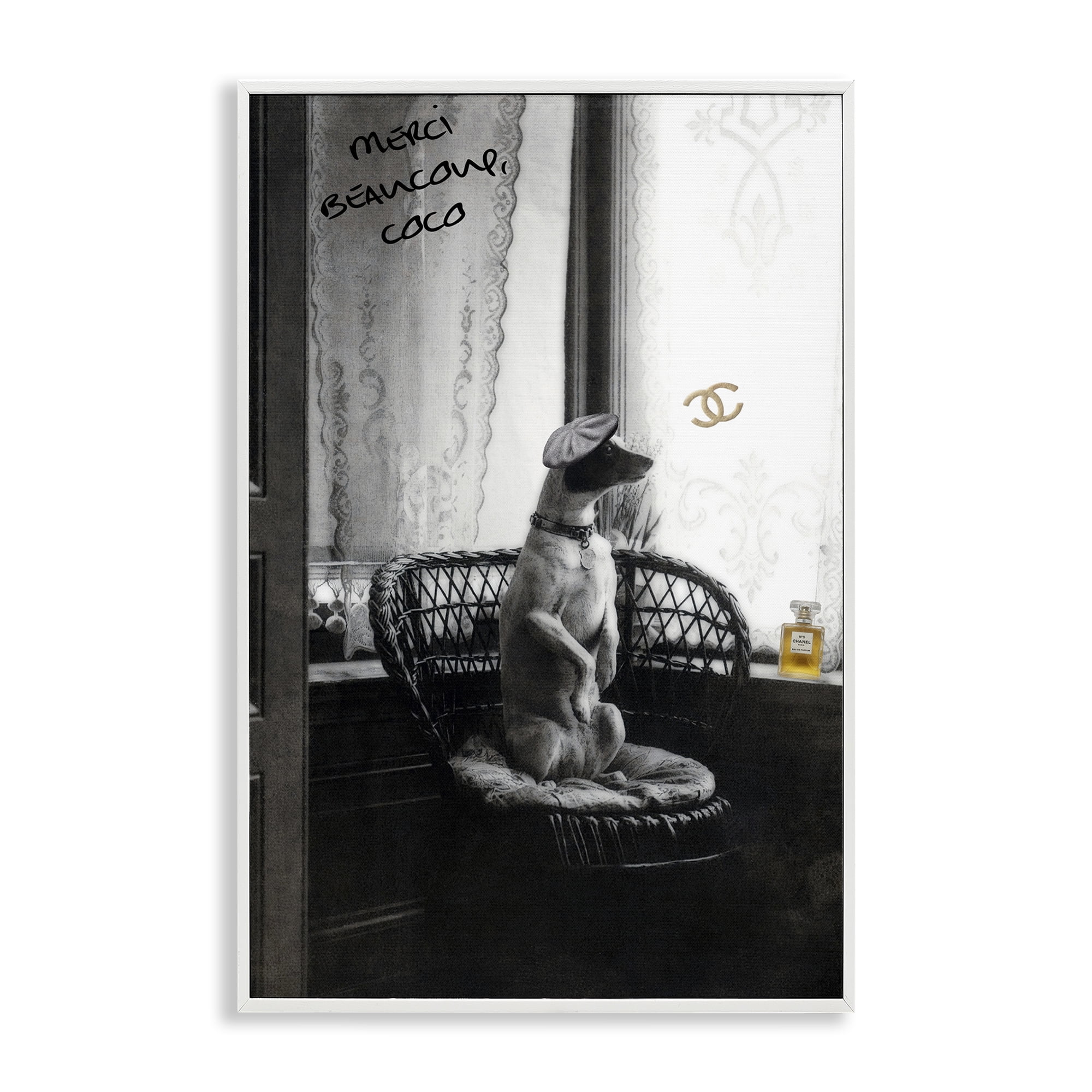Stupell Industries Chic Dog with French Words Animals Painting White Framed Art Print Wall Art, 16 x 24