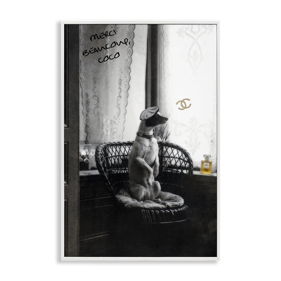Stupell Industries Chic Dog with French Words Animals Painting White Framed Art Print Wall Art, 16 x 24