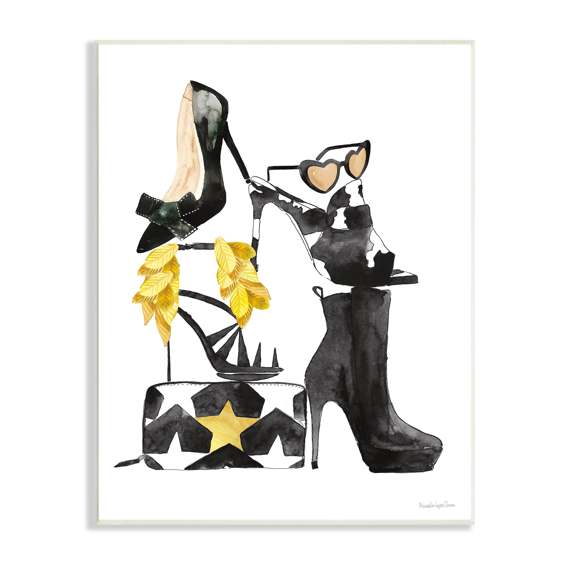 Stupell Industries Chic Fashion Accessory Arrangement Stacked Glam Shoes Beauty & Fashion Painting Unframed Art Print Wall Art, 13 x 19