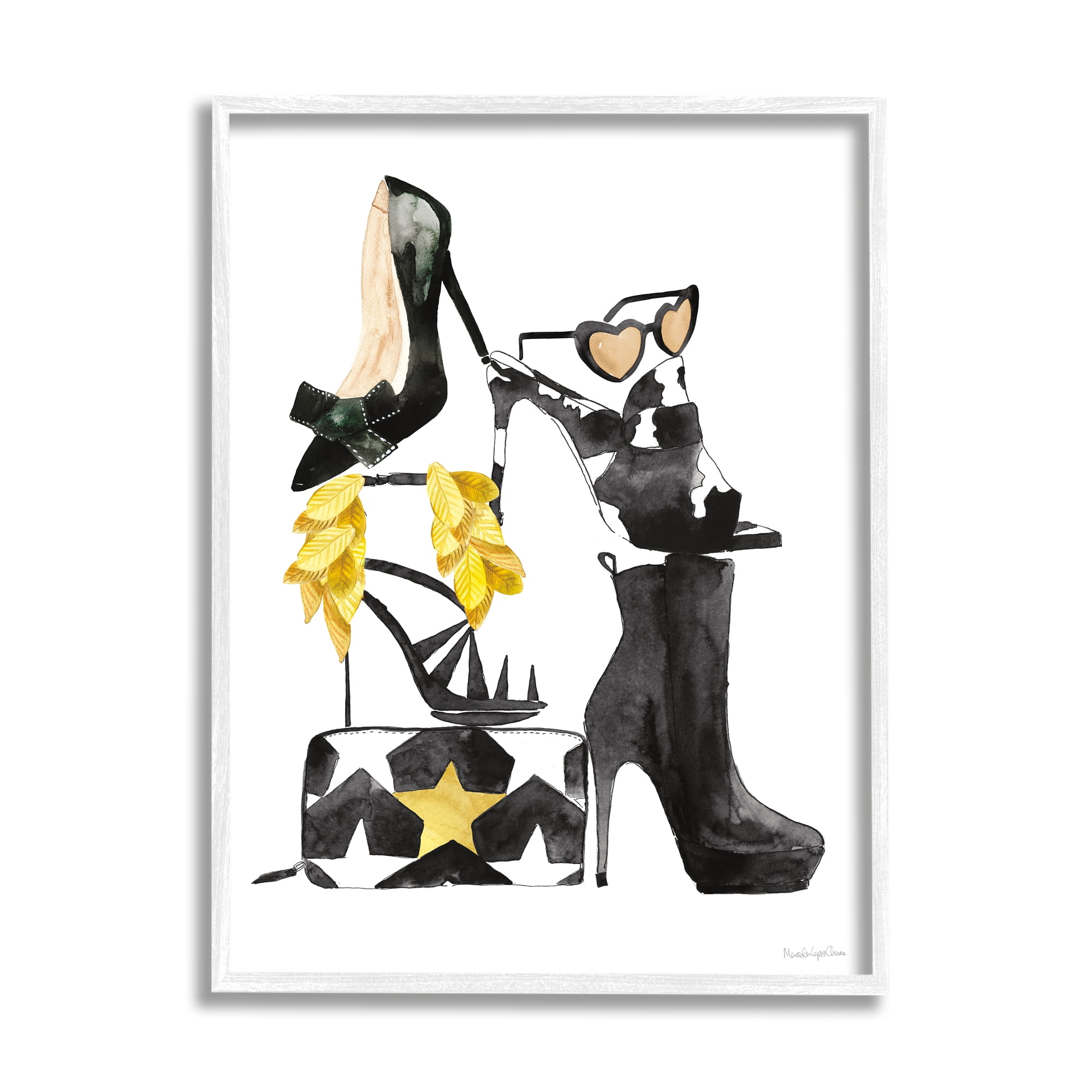Stupell Industries Chic Fashion Accessory Arrangement Stacked Glam Shoes Beauty & Fashion Painting White Framed Art Print Wall Art, 16 x 20