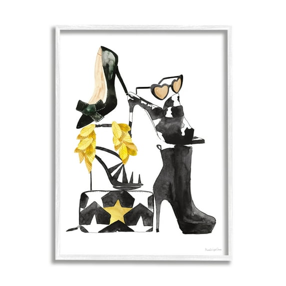 Stupell Industries Chic Fashion Accessory Arrangement Stacked Glam Shoes Beauty & Fashion Painting White Framed Art Print Wall Art, 16 x 20