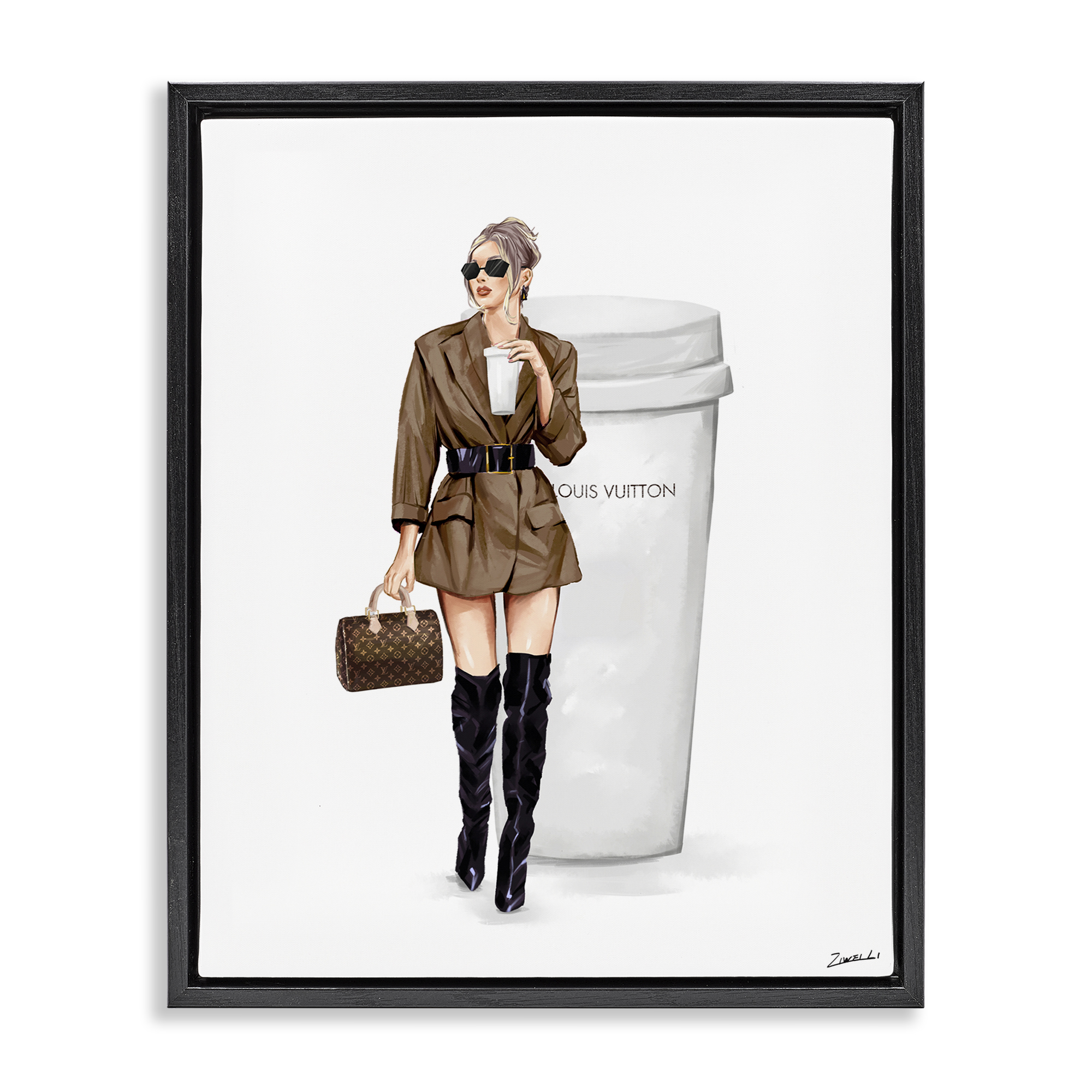 Stupell Industries Chic Fashion & Coffee Cup People Painting Black Floater Framed Canvas Art Print Wall Art, 17 x 21
