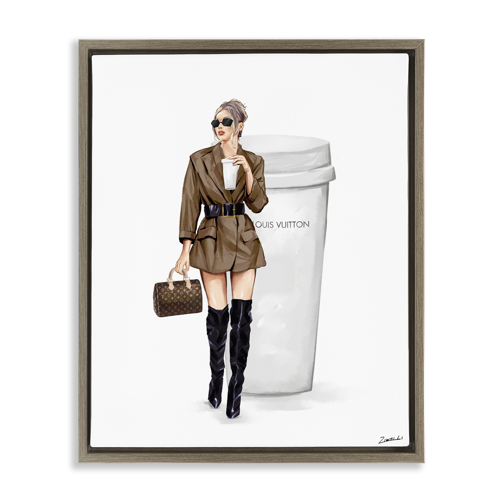 Stupell Industries Chic Fashion & Coffee Cup People Painting Brown Floater Framed Canvas Art Print Wall Art, 25 x 31