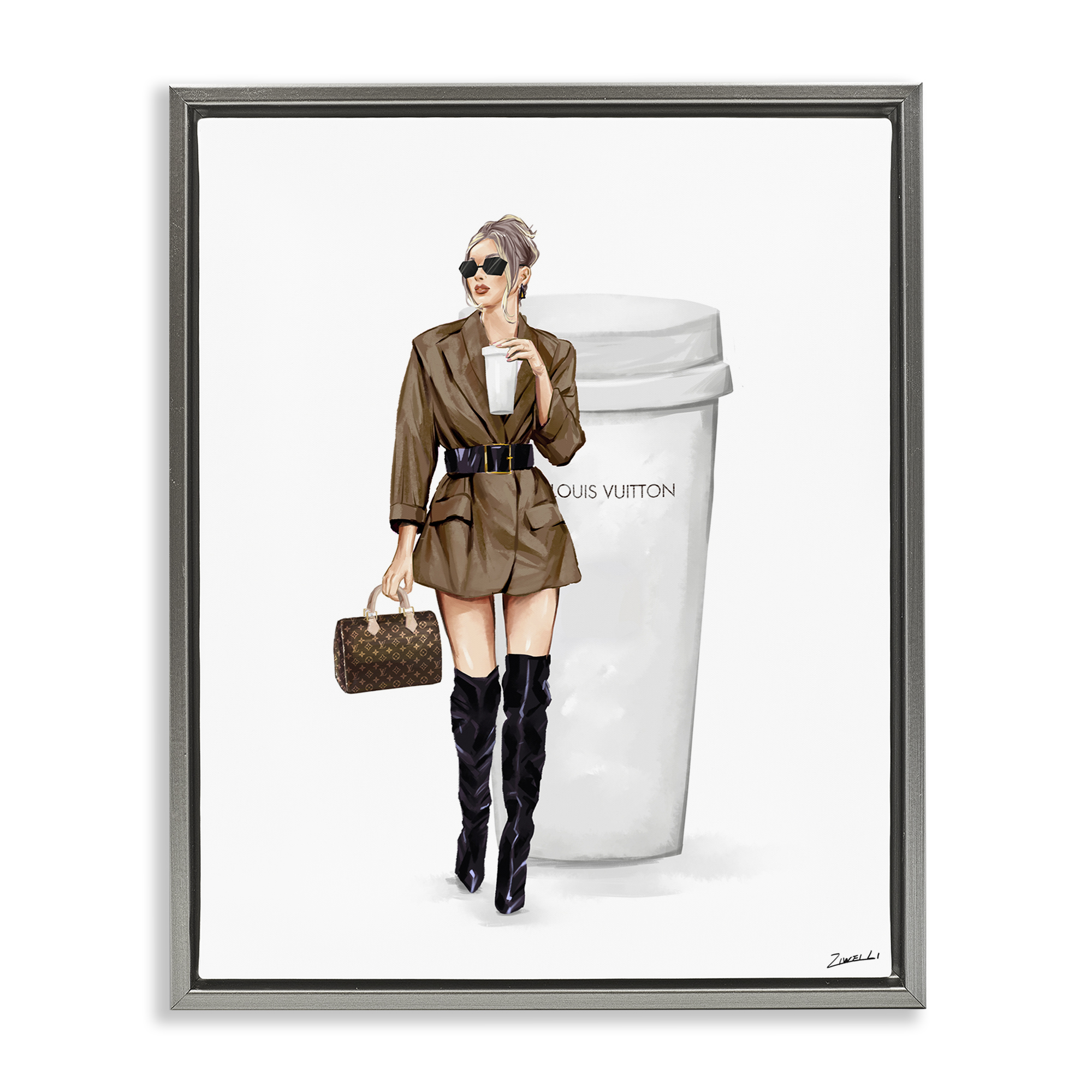 Stupell Industries Chic Fashion & Coffee Cup People Painting Gray Floater Framed Canvas Art Print Wall Art, 17 x 21