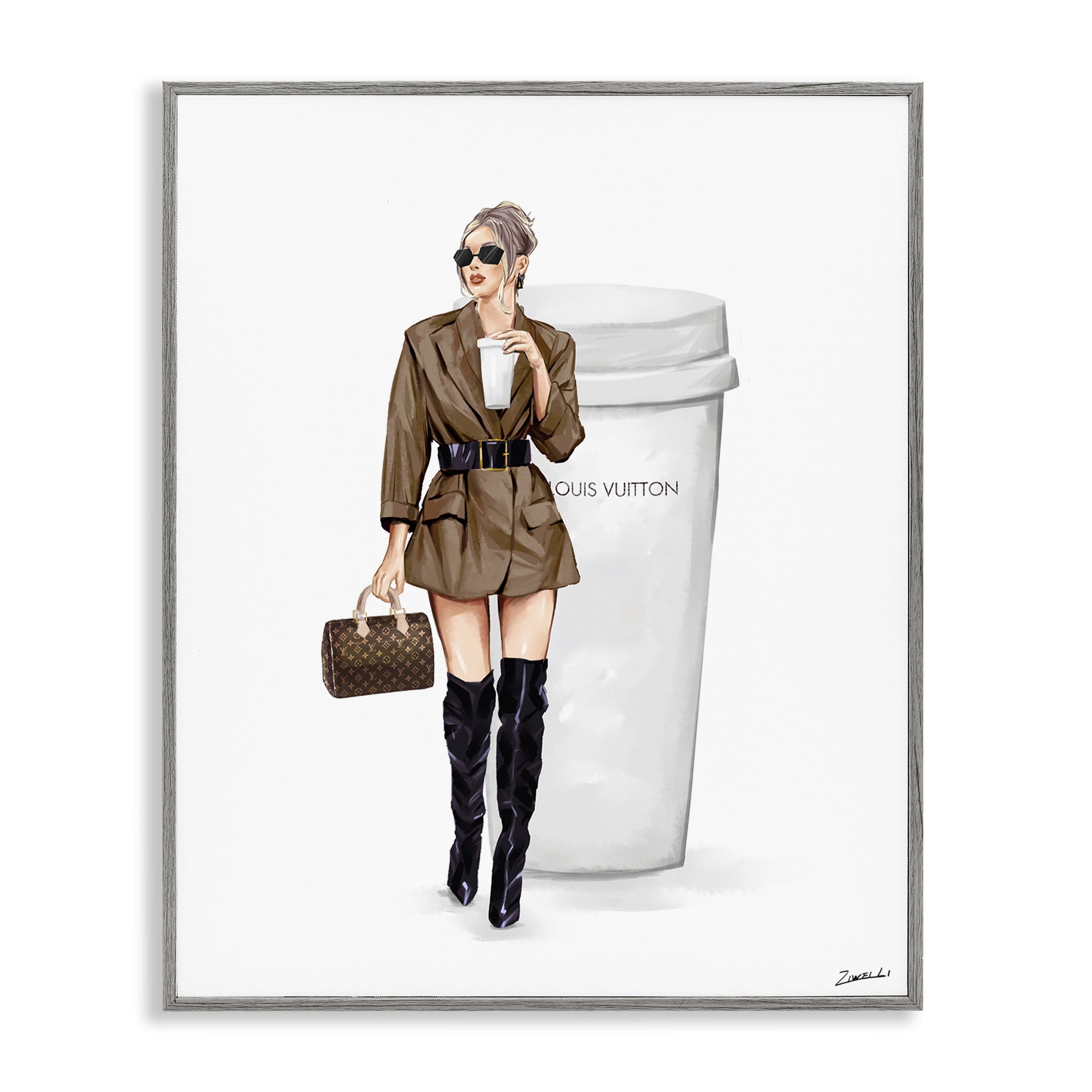 Stupell Industries Chic Fashion & Coffee Cup People Painting Gray Framed Art Print Wall Art, 11 x 14