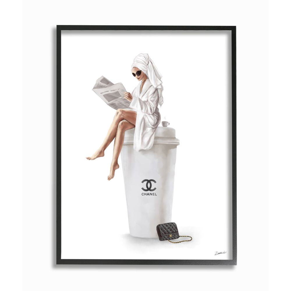 Stupell Industries Chic Fashion Coffee and Purse Female Robe Pose Framed Wall Art Design by Ziwei Li, 16" x 20", Black Framed