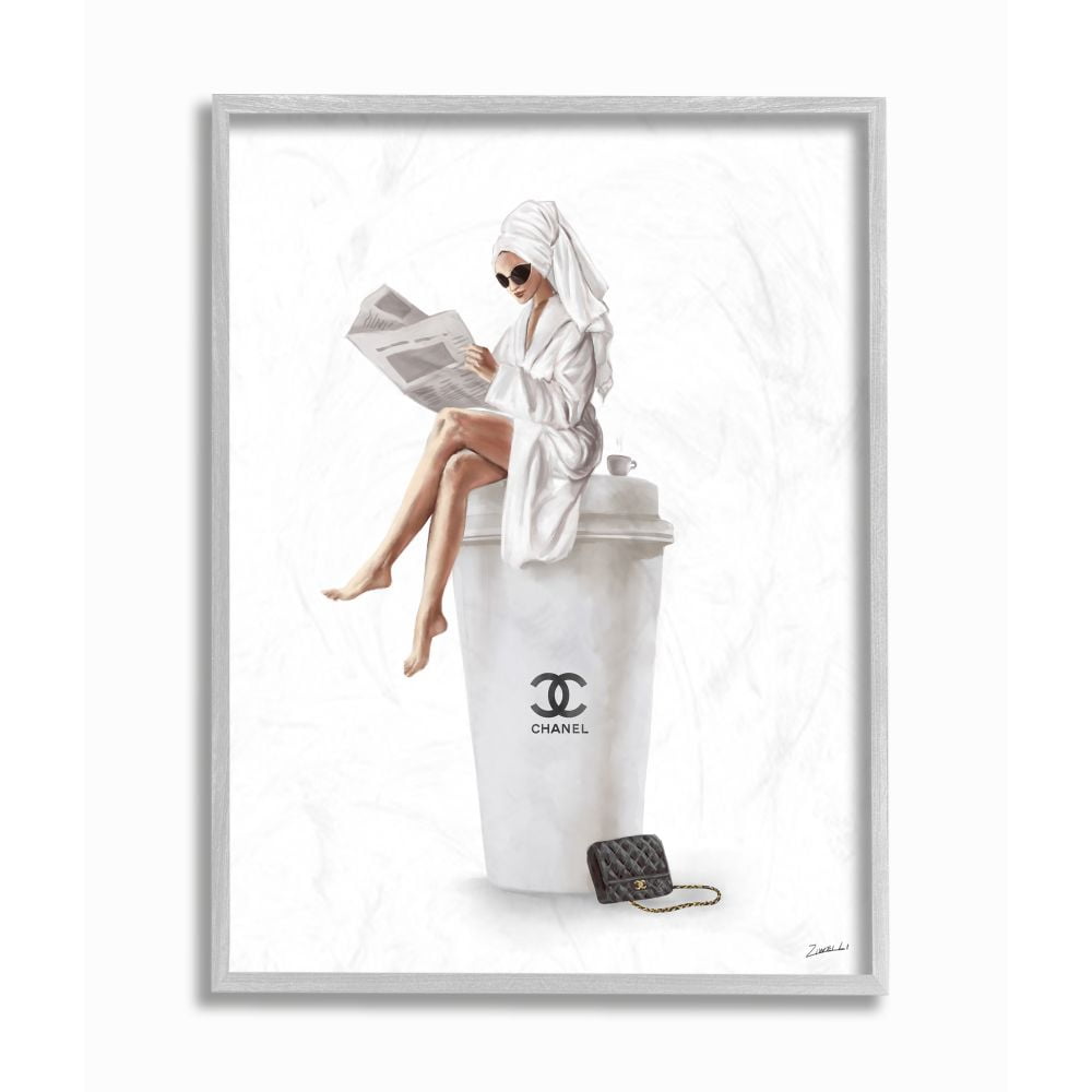 Stupell Industries Chic Fashion Coffee and Purse Female Robe Pose Framed Wall Art Design by Ziwei Li, 16" x 20", Gray Framed