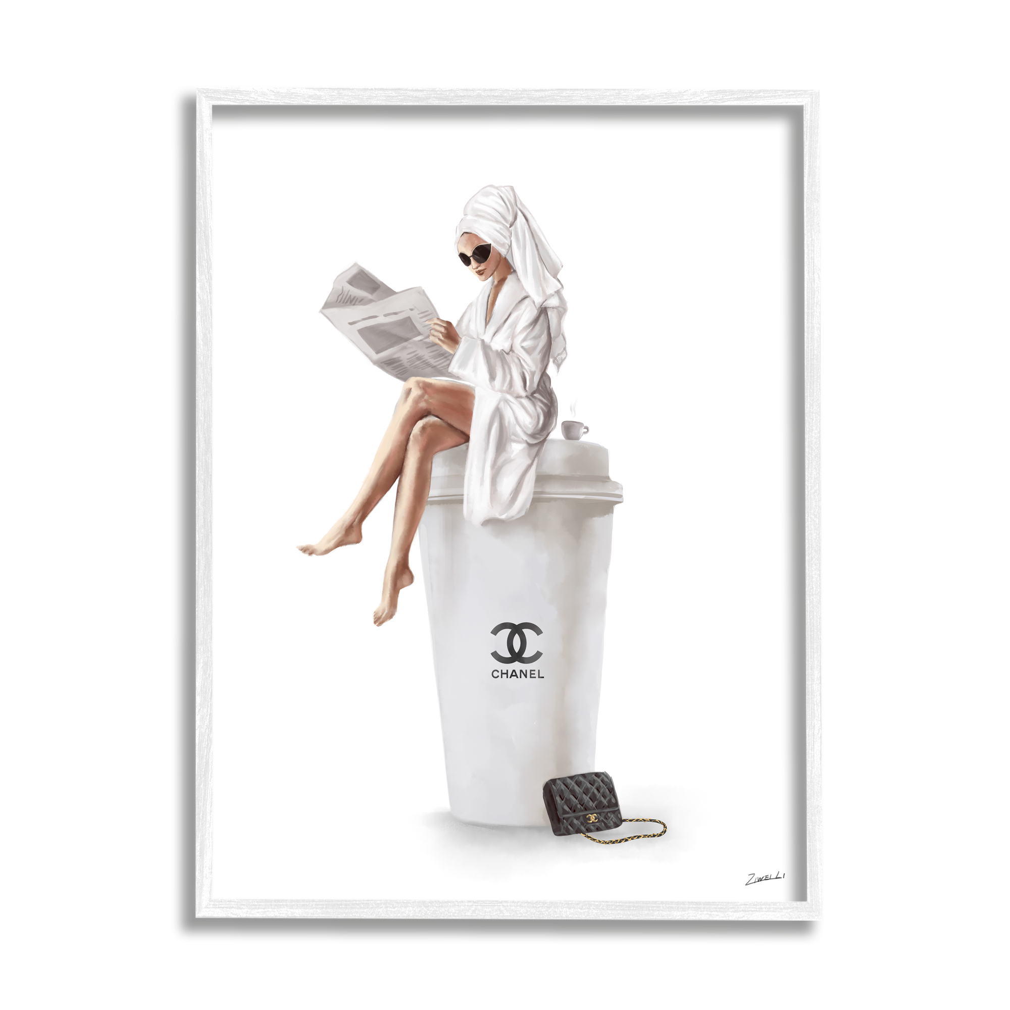Stupell Industries Chic Fashion Coffee and Purse Female Robe Pose Graphic Art Framed Art Print Wall Art, 24x30, By Ziwei Li