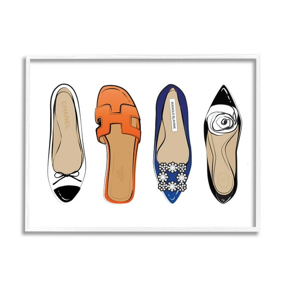 Stupell Industries Chic Fashion Heels Blue Orange Flats Fashion Feet Graphic Art White Framed Art Print Wall Art, 16x20, by Martina Pavlova