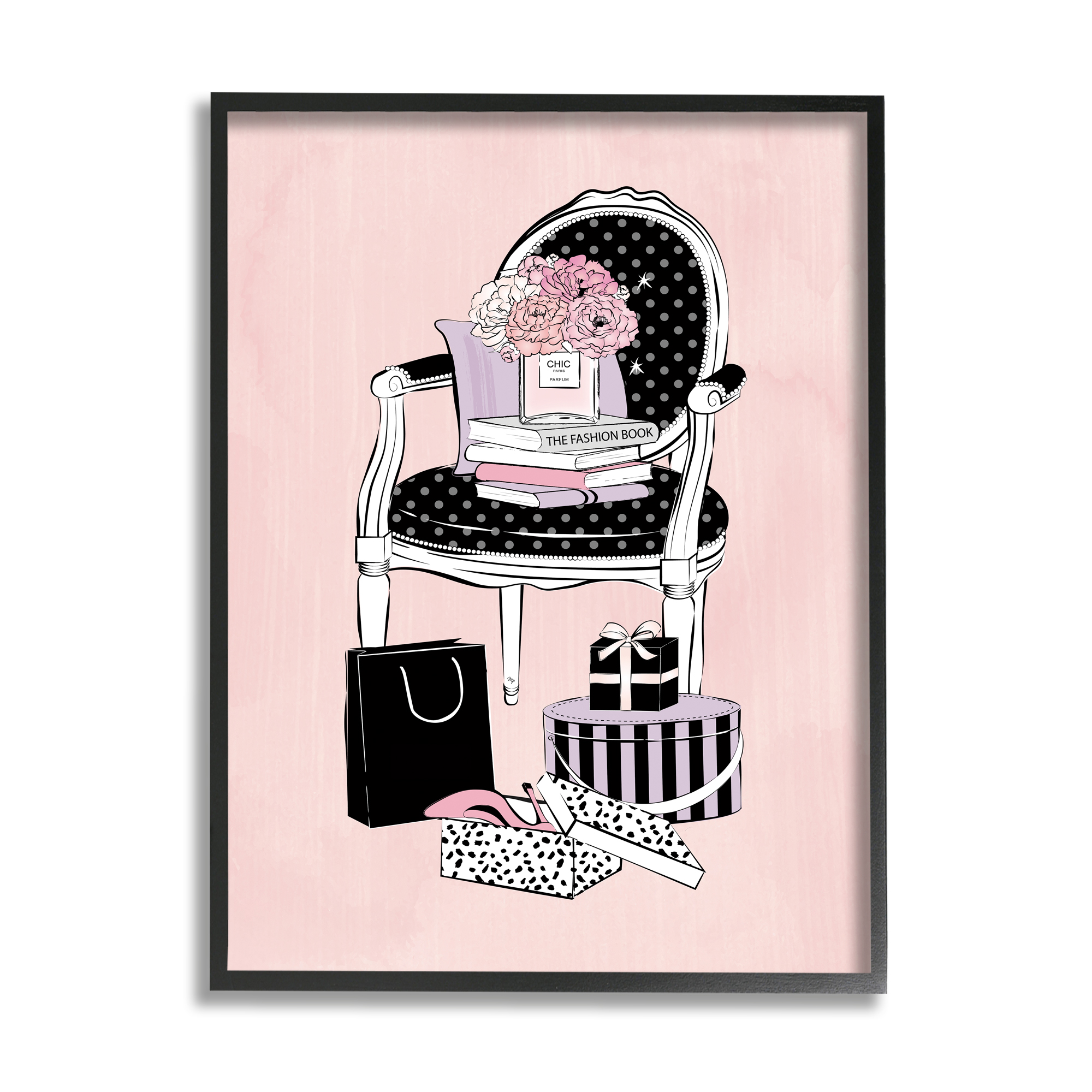 Stupell Industries Chic Fashion Still Life Chair with Shopping Bags Beauty & Fashion Painting Black Framed Art Print Wall Art, 16 x 20