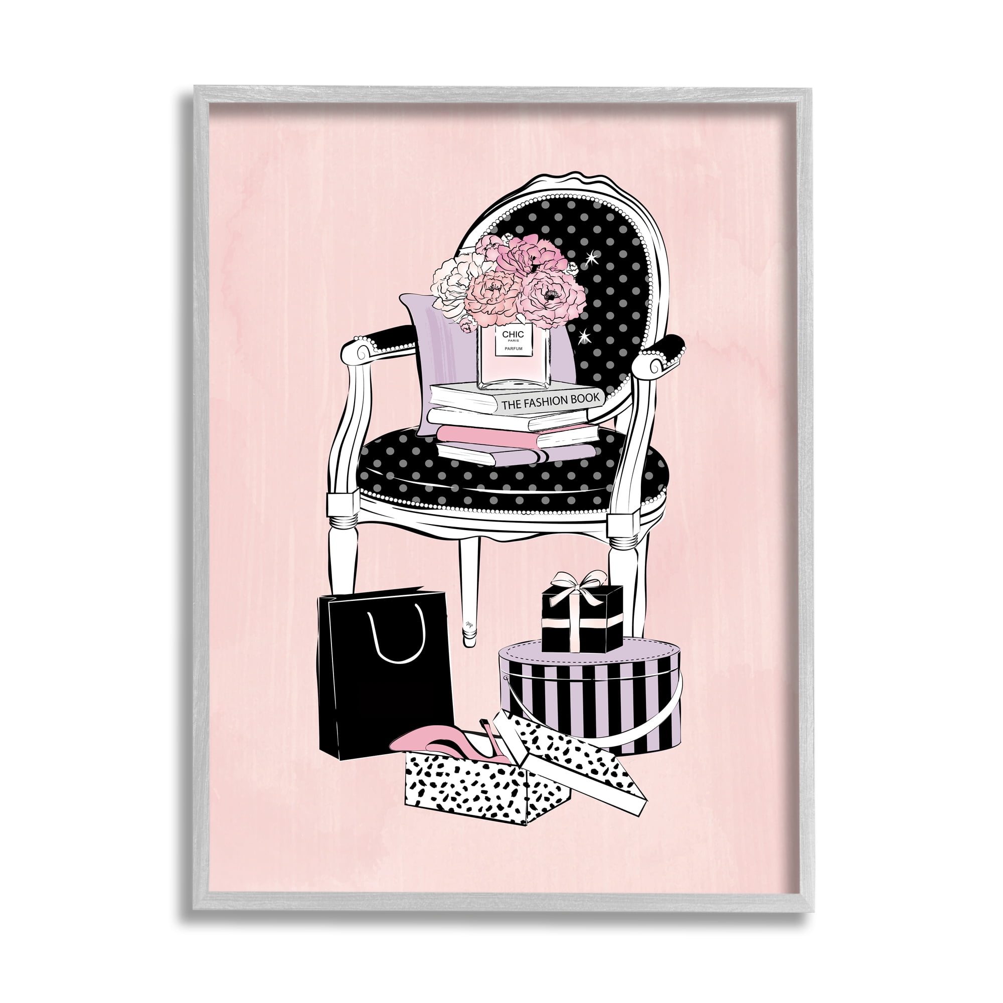 Stupell Industries Chic Fashion Still Life Chair with Shopping Bags Beauty & Fashion Painting Gray Framed Art Print Wall Art, 11 x 14