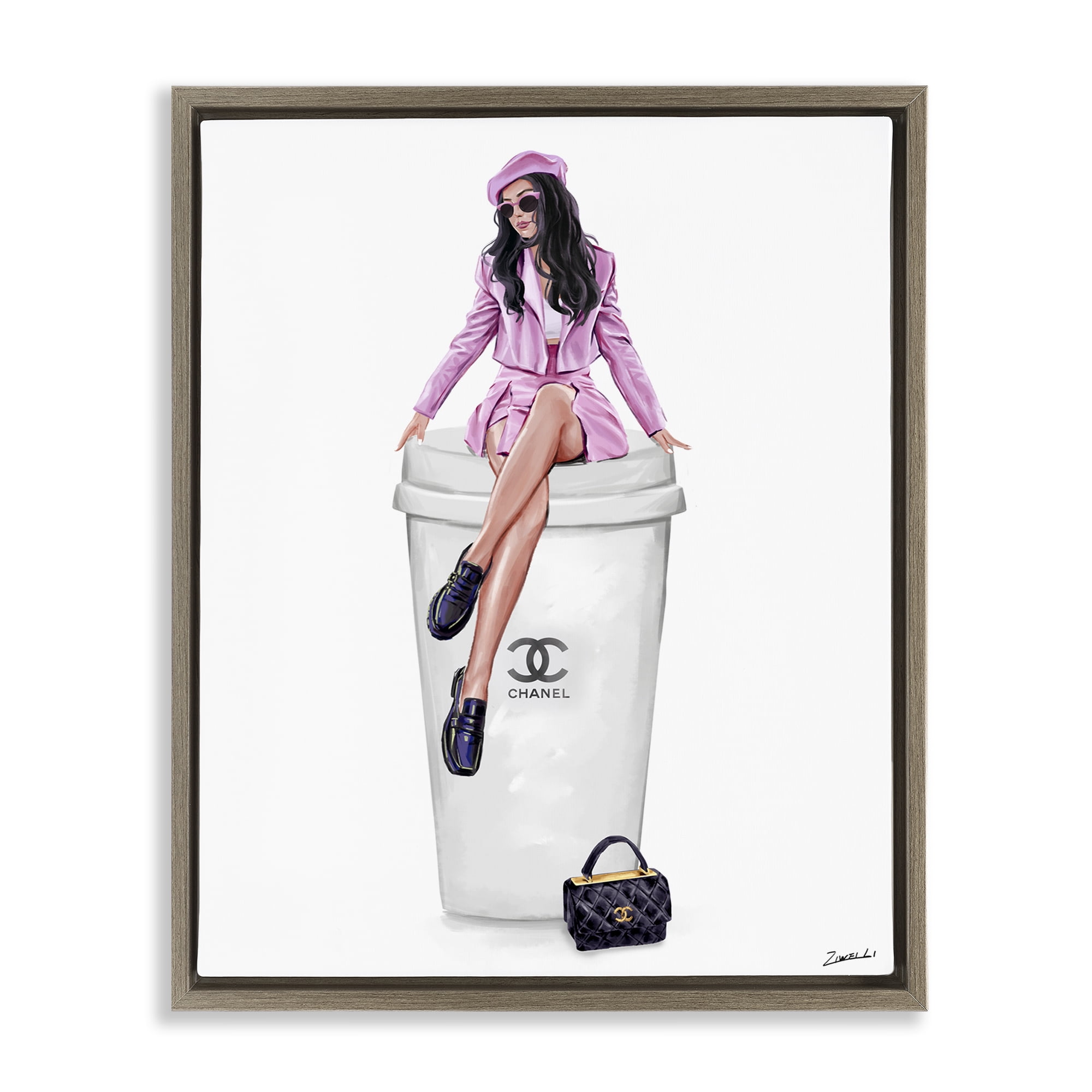 Stupell Industries Chic Fashionista Atop Coffee People Painting Brown Floater Framed Canvas Art Print Wall Art, 17 x 21