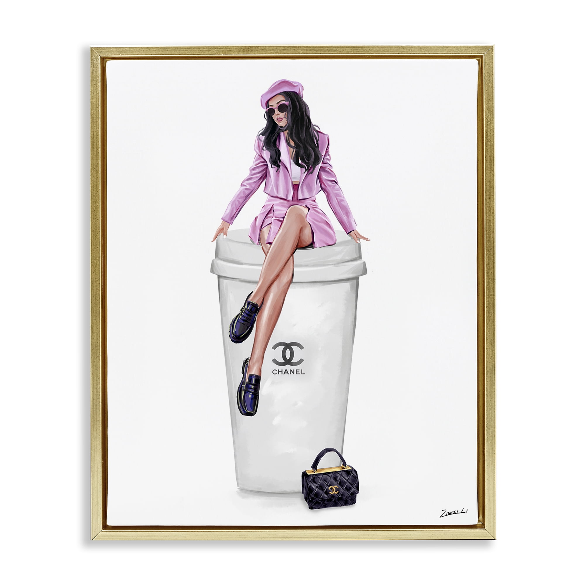 Stupell Industries Chic Fashionista Atop Coffee People Painting Gold Floater Framed Canvas Art Print Wall Art, 17 x 21