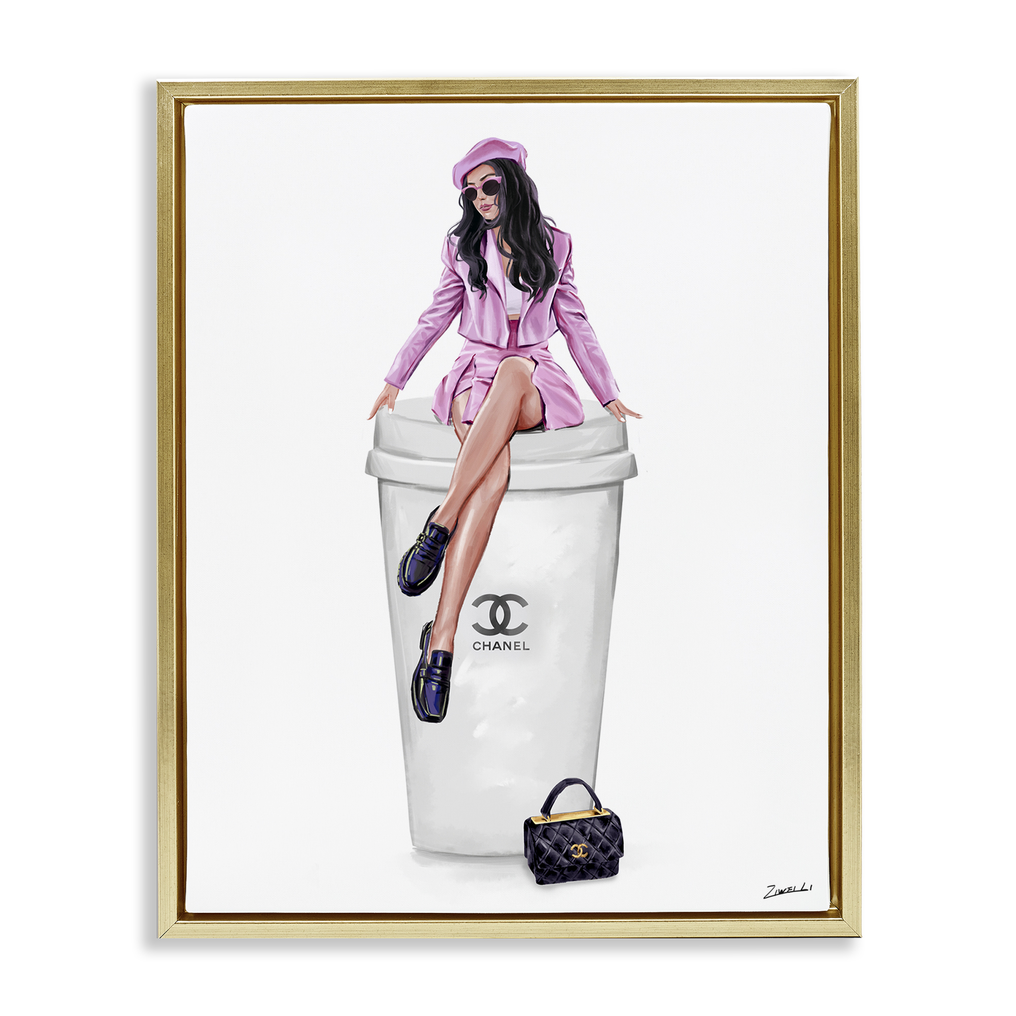 Stupell Industries Chic Fashionista Atop Coffee People Painting Gold Floater Framed Canvas Art Print Wall Art, 25 x 31