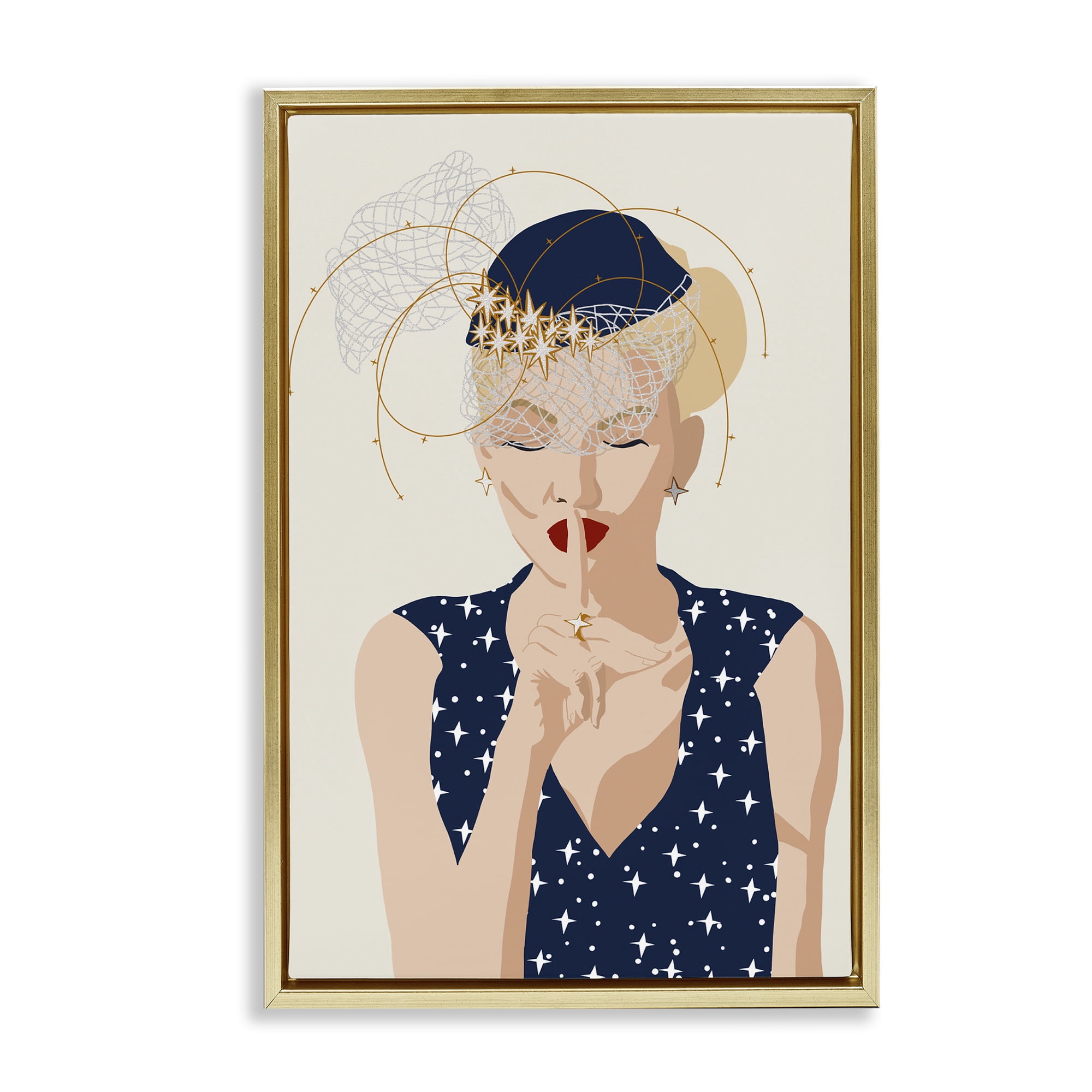 Stupell Industries Chic Fashionista Portrait Novelty Painting Gold Floater Framed Art Print Wall Art, 17 x 25